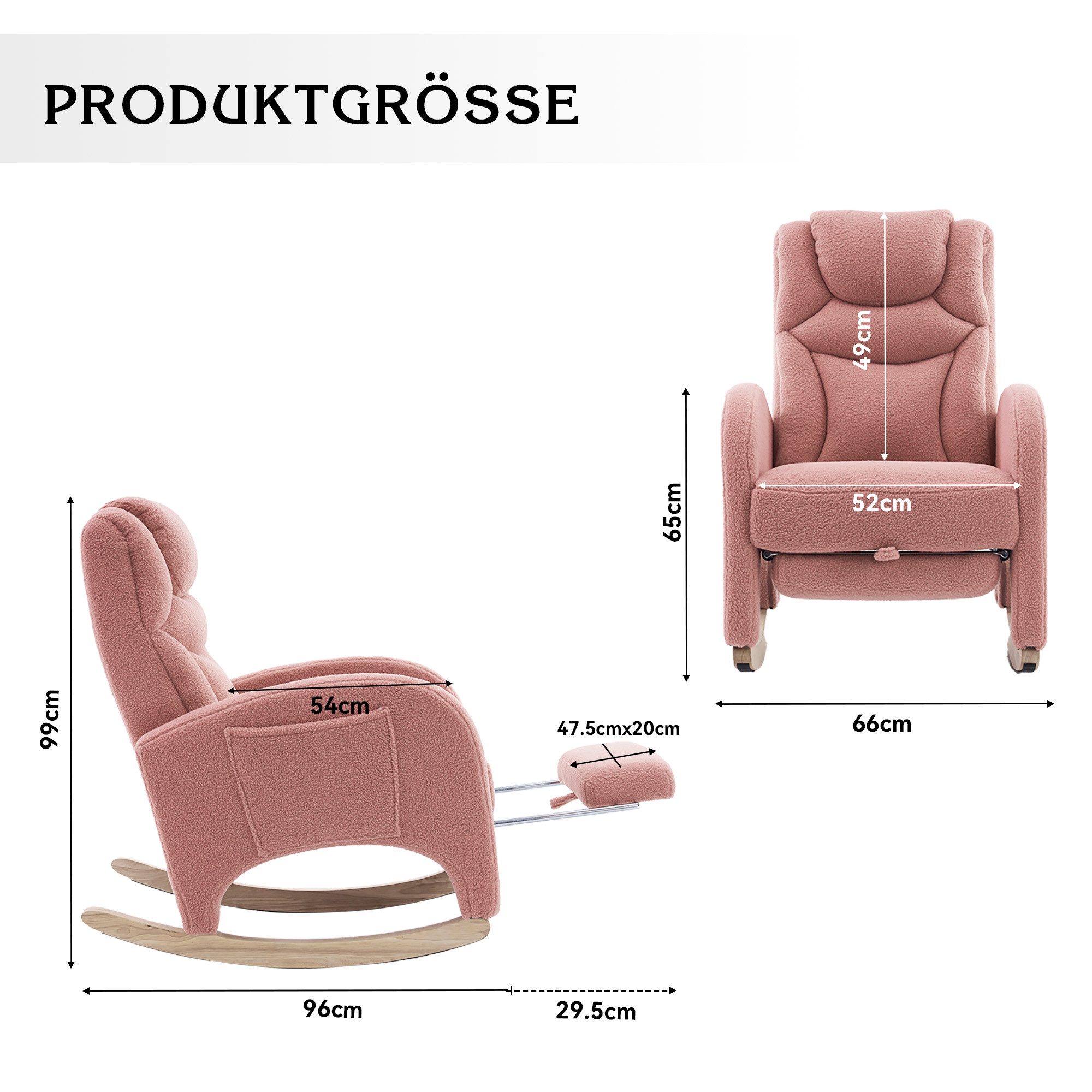 Celya Schaukelstuhl Wohnzimmer Samt mit hocker,stuhl garten,Relaxsessel mit Metallgestell, stuhl 110kg Tragkraft mit Armlehne und gepolsterter,rosa