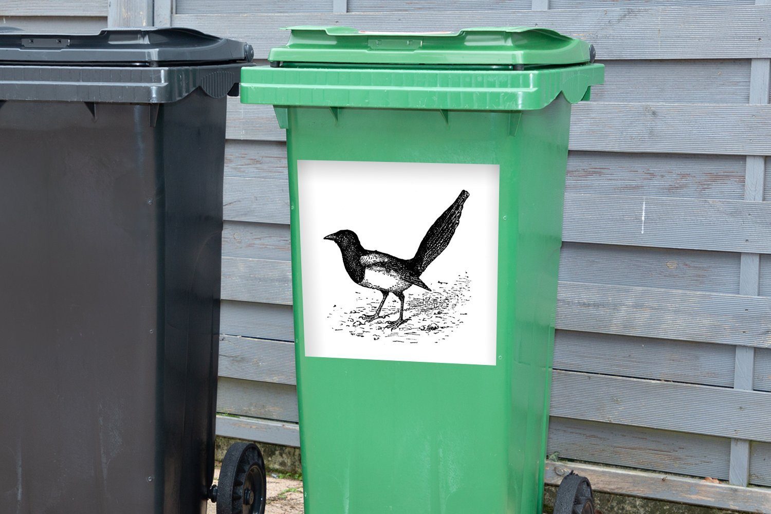 MuchoWow Antike Sticker, St), Container, (1 Abfalbehälter Wandsticker Illustration Elster Mülleimer-aufkleber, Mülltonne, einer