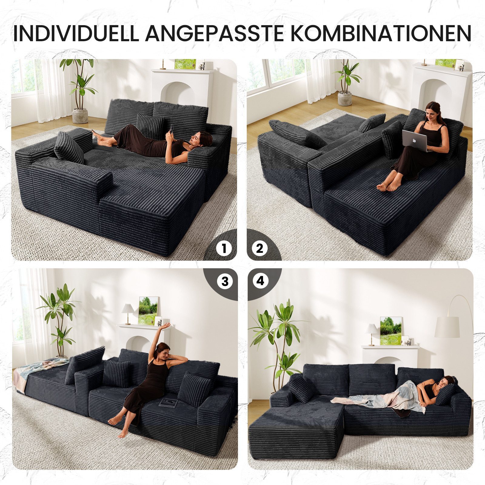 Patbrela Ecksofa Couch L-Form 263cm, Sofa Links Samtstoff Vierersofa mit Liegefläche, keine Montage erforderlich