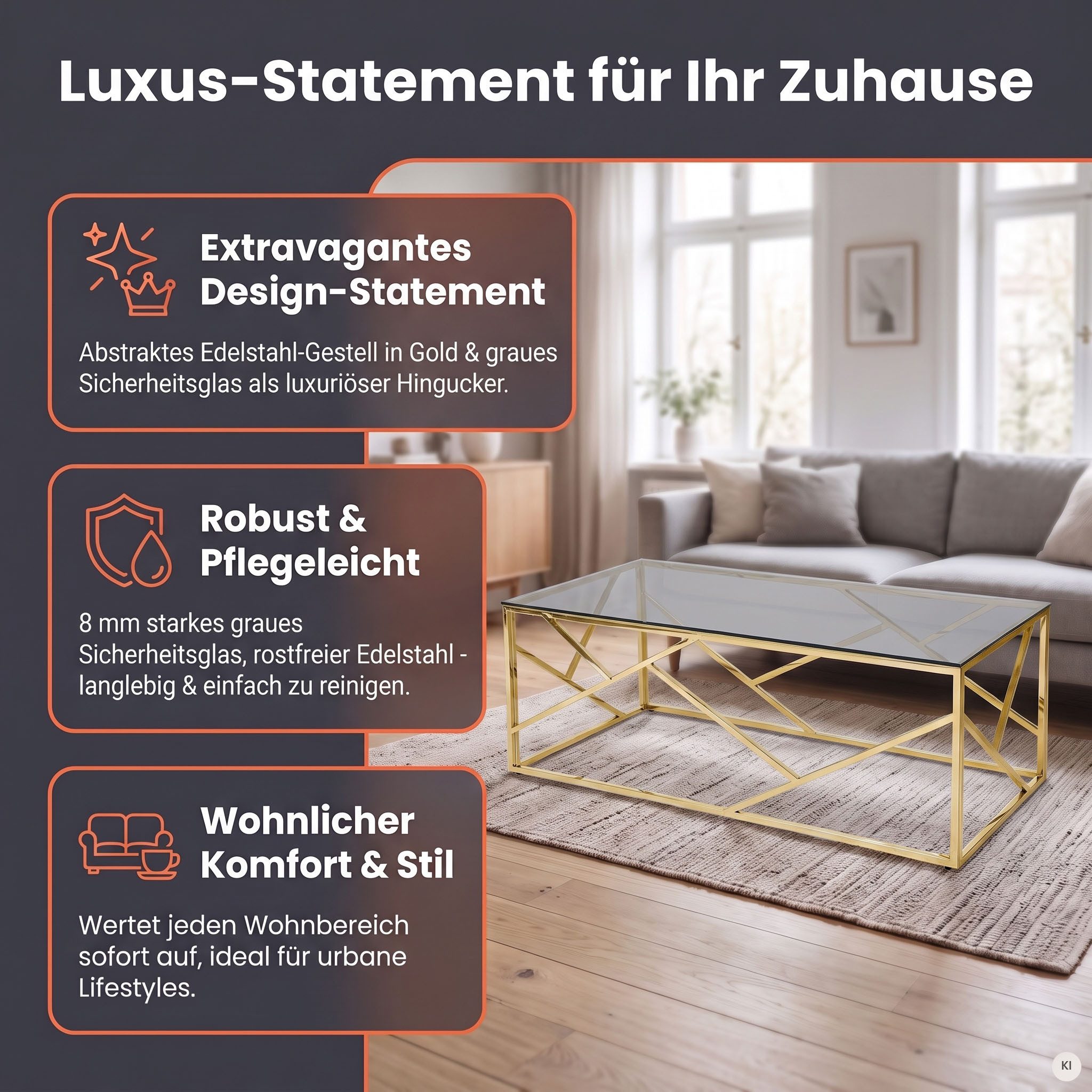SalesFever Couchtisch Glastisch mit stilvoller Eleganz, Edelstahlgestell - rostfrei und langlebig – Bild 4 von 5