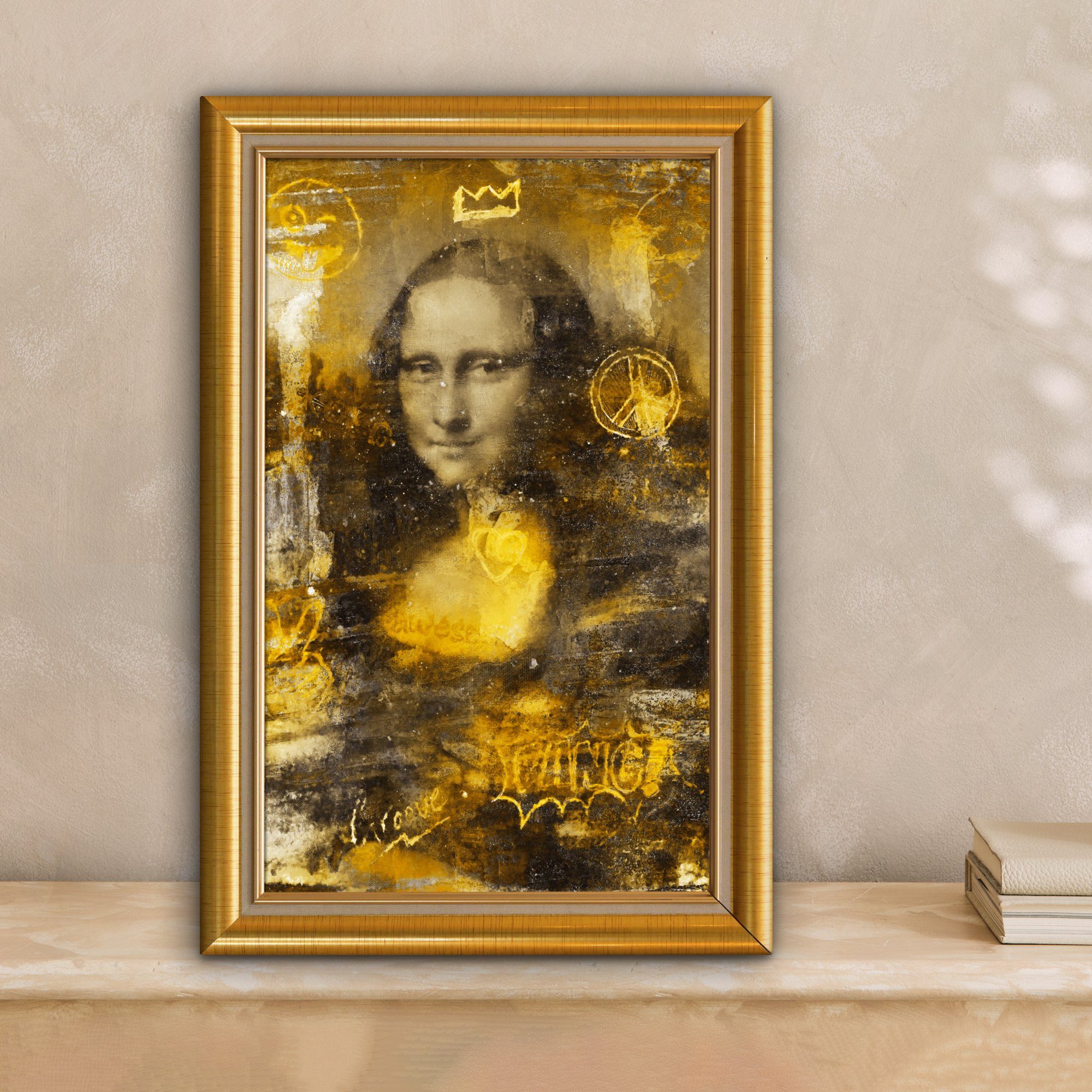 OneMillionCanvasses® Leinwandbild Da Mona cm - St), - Gold, inkl. - Zackenaufhänger, (1 Leinwandbild Gemälde, fertig bespannt Lisa Liste 20x30 Vinci