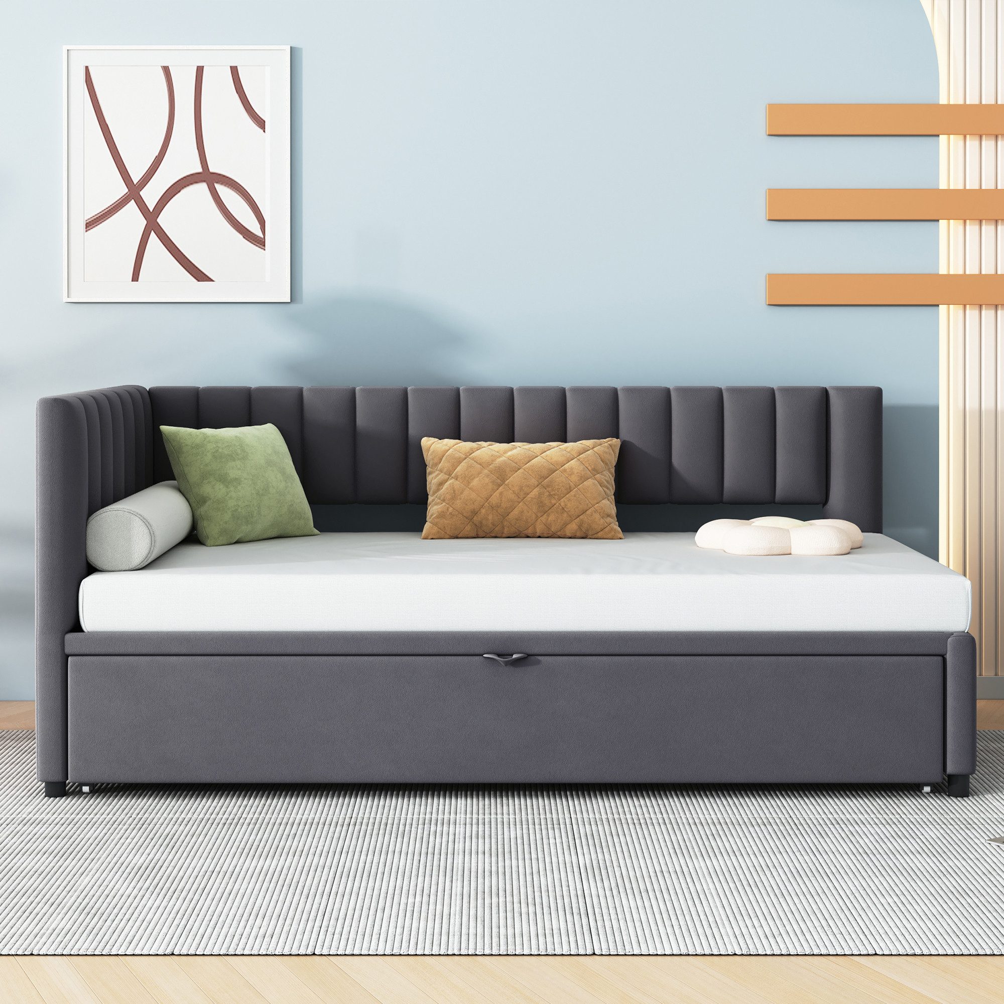 Flieks Daybett, L-förmiges Polsterbett Schlafsofa mit Ausziehbett 90x200cm/180x200cm
