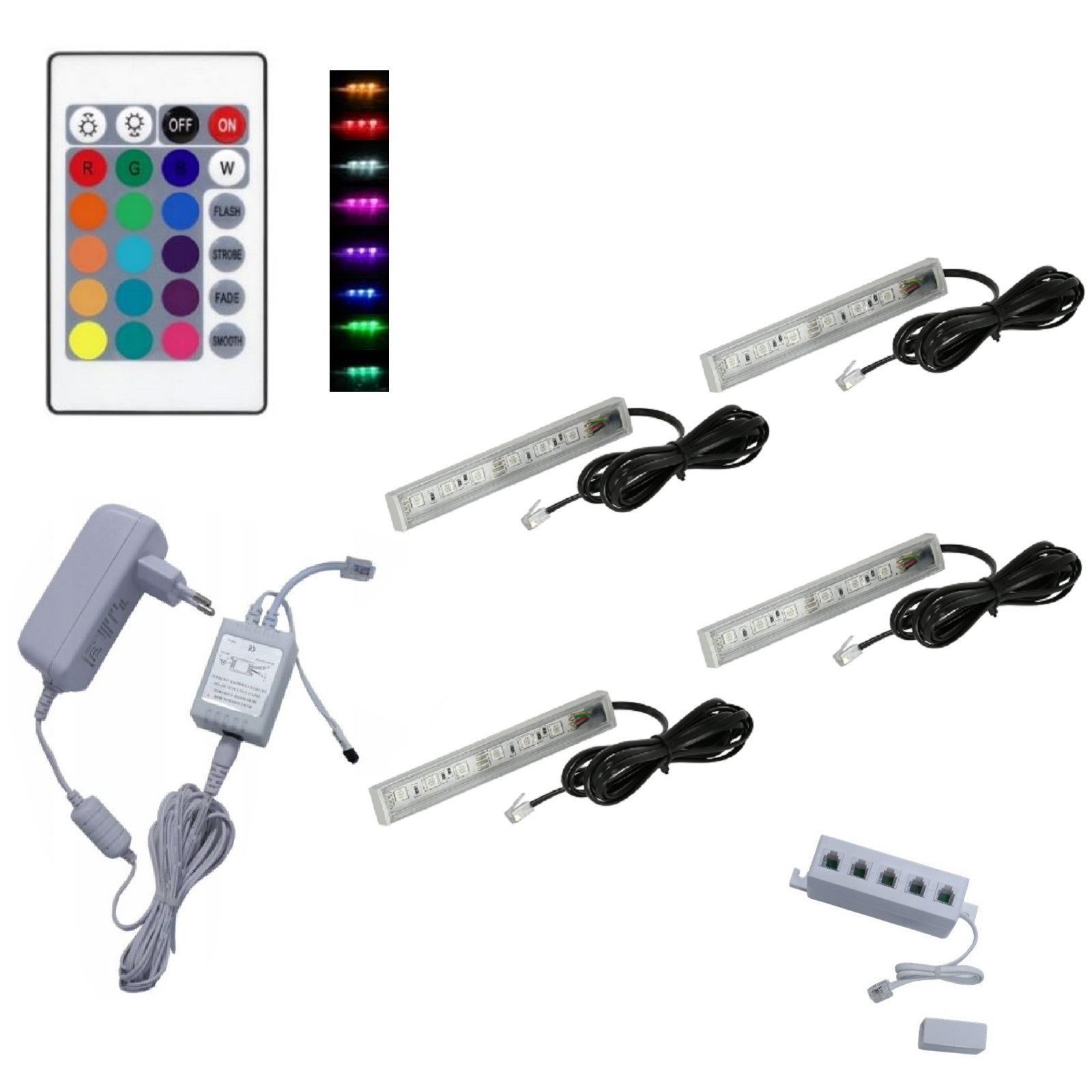 QLS LED Unterbauleuchte RGB 12V 2-8 Stück Weiß, LED fest integriert, Glasbodenbeleuchtung Lichtleiste Fernbedienung 16 Farben Dimmbar