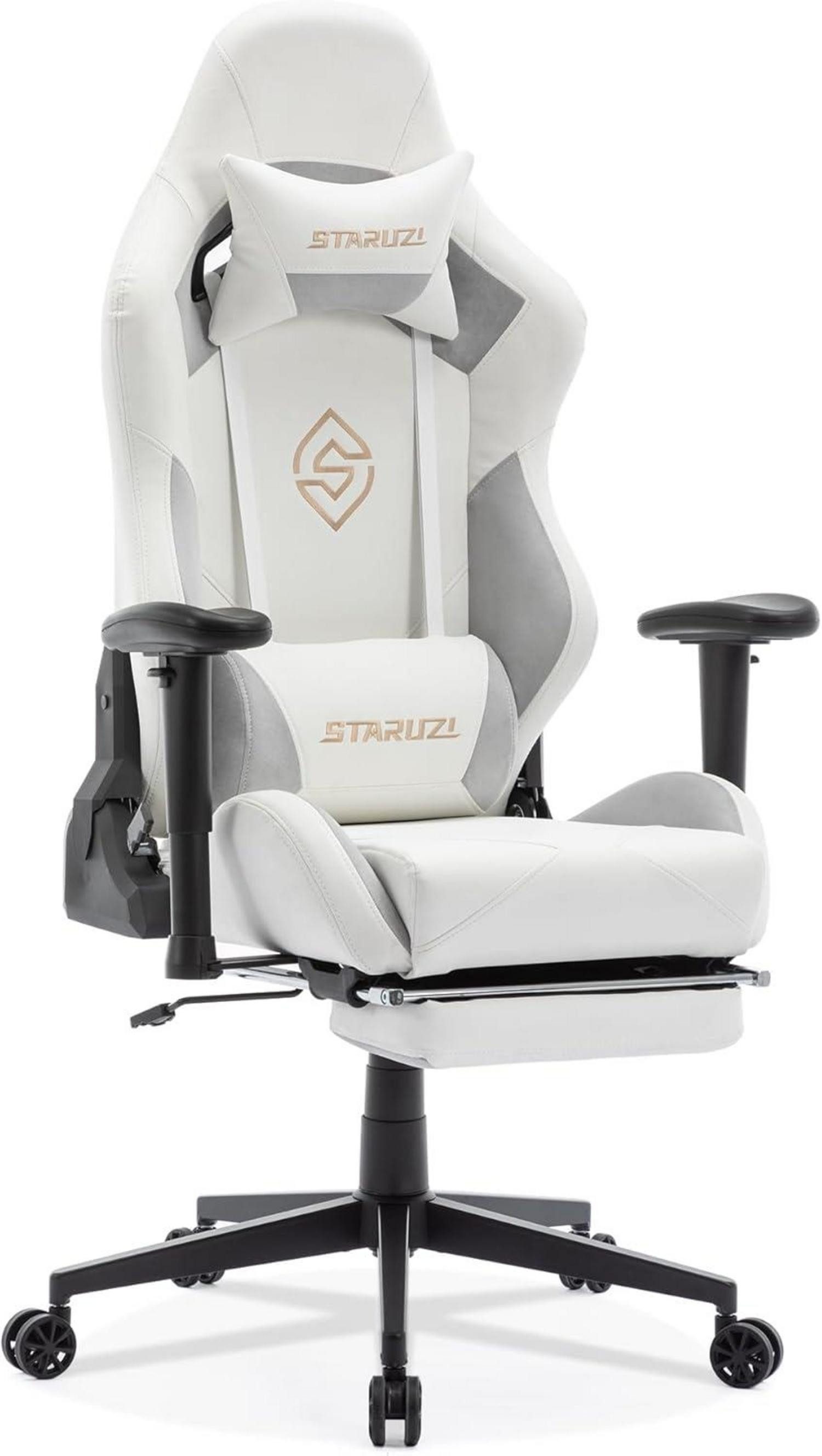 LuxusKollektion Gaming-Stuhl Gaming Stuhl Weiß Leder mit Fußstütze, verstellb. Armlehnen,180 kg