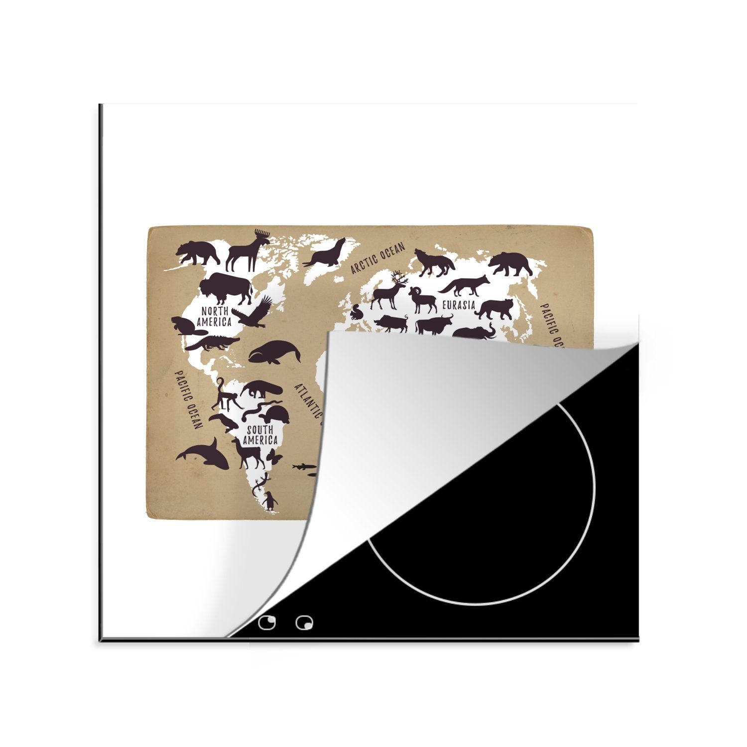 für 78x78 Ceranfeldabdeckung, - küche Vinyl, Arbeitsplatte MuchoWow (1 Weltkarte cm, Weiß Kinder Tiere, tlg), - Herdblende-/Abdeckplatte