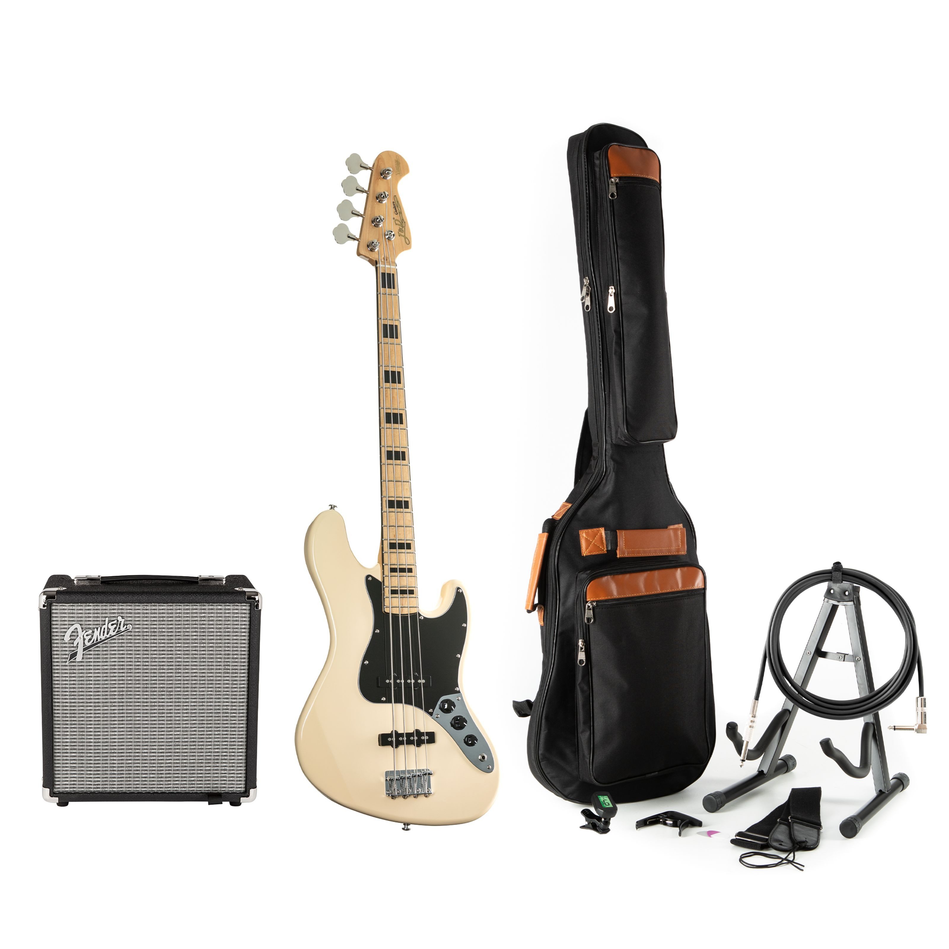 J & D E-Bass, JB Vintage 1975 E-Bass Set Erle Korpus Ahorn Hals Single Coil Tonabnehmer Vintage White Finish inklusive Verstärker und Zubehör Pack, E-Bässe, Bass-Sets, JB Vintage 1975, E-Bass Set, Single Coil Tonabnehmer
