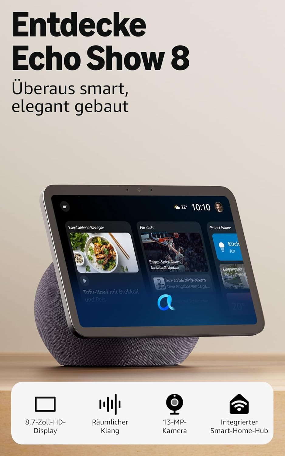 Amazon Echo Show 8 (neueste Generation) Alexa Lautsprecher (WLAN, Bluetooth, 30 W, brillantes 8,7-Zoll-Display in HD-Auflösung mit raumfüllendem 3D-Audio)