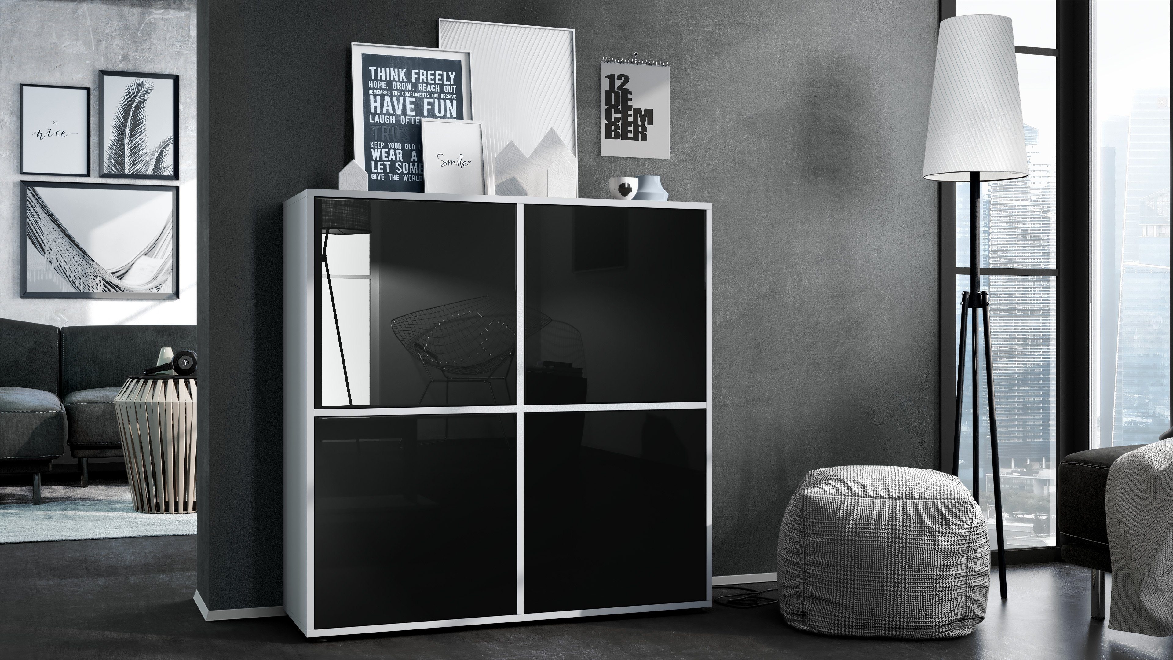 Vladon Highboard Cuba V2 (Schrank, 104 x 105,5 x 35,5 cm Sideboard mit 8 Fächern), Korpus in Weiß matt / Fronten in Schwarz Hochglanz
