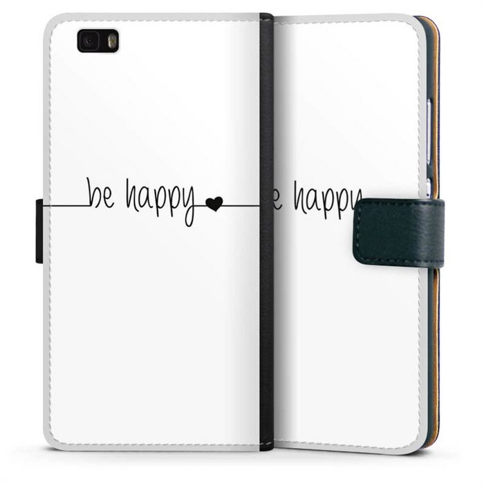 DeinDesign Handyhülle Statement Sprüche Glück Be Happy weisser Hintergrund Huawei P8 Lite (2015-2016) Hülle Handy Flip Case Wallet Cover