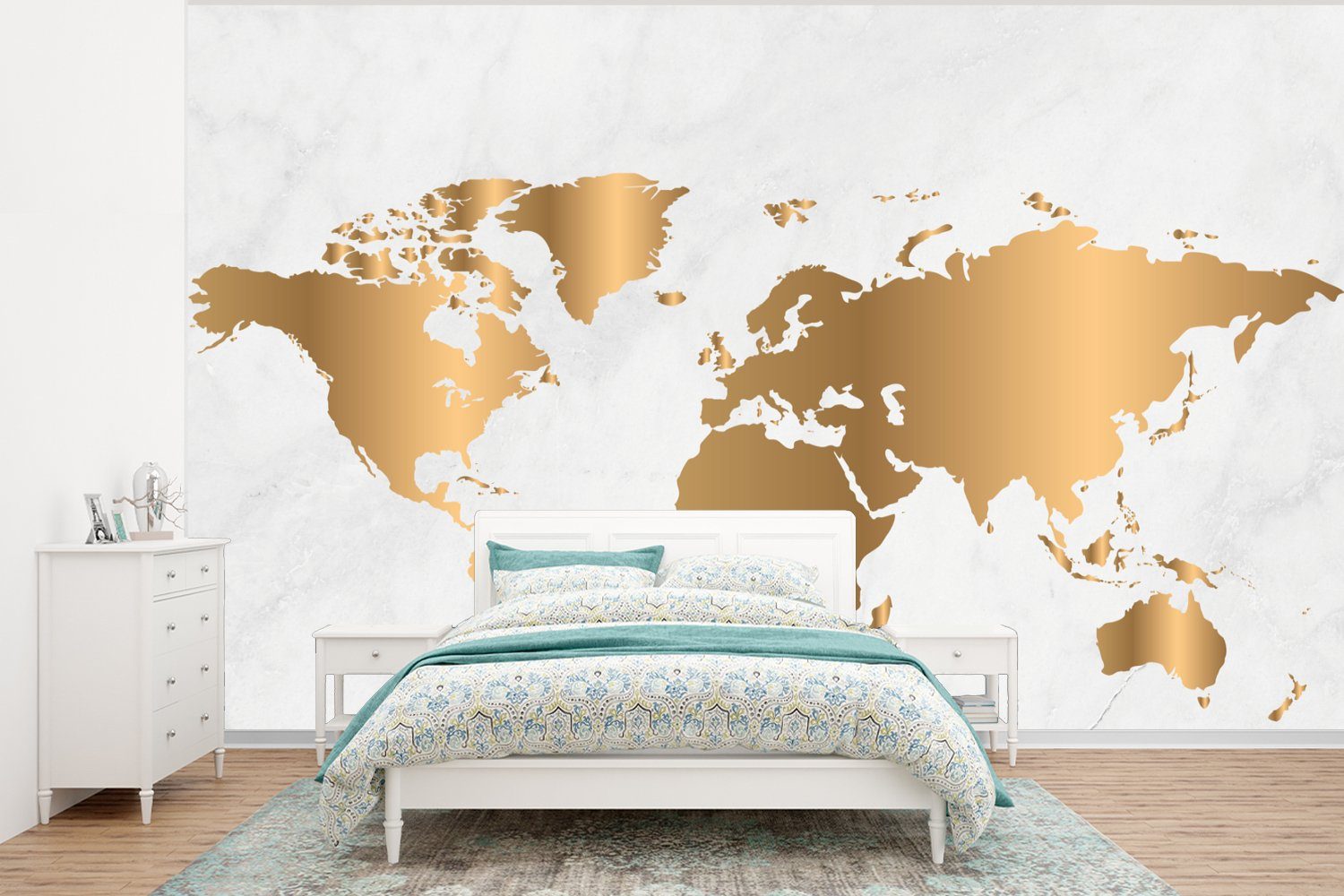 MuchoWow Fototapete Weltkarte - Gold - Marmoroptik - Luxus - Design, Matt, bedruckt, (6 St), Wallpaper für Wohnzimmer, Schlafzimmer, Kinderzimmer, Vinyl Tapete