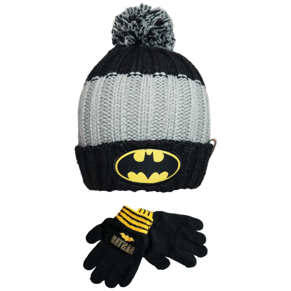 EplusM Bommelmütze DC Comics Batman Kinder Wintermütze Bommelmütze Handschuhe Gr. 52 bis 54