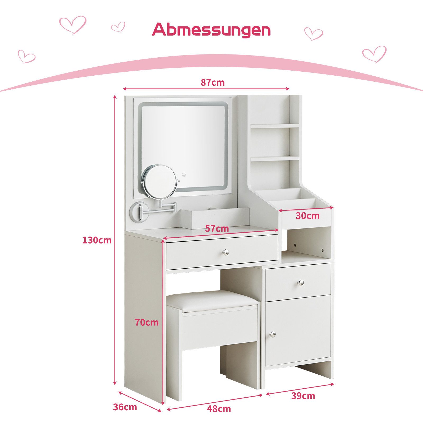 JYMTOM Schminktisch mit LED Beleuchtung Spiegel, Verstellbarer Helligkeit, 130x87x36 cm (mit Hocker), Kosmetiktisch mit 2 Schubladen, Frisiertisch mit drehbarem Spiegel