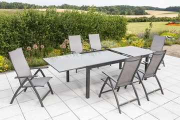 MERXX Garten-Essgruppe Vicenza, (Set 7-teilig, Tisch, 6 Klappsessel, Aluminium mit Textilbespannung, Sicherheitsglas), mit ausziehbarem Tisch