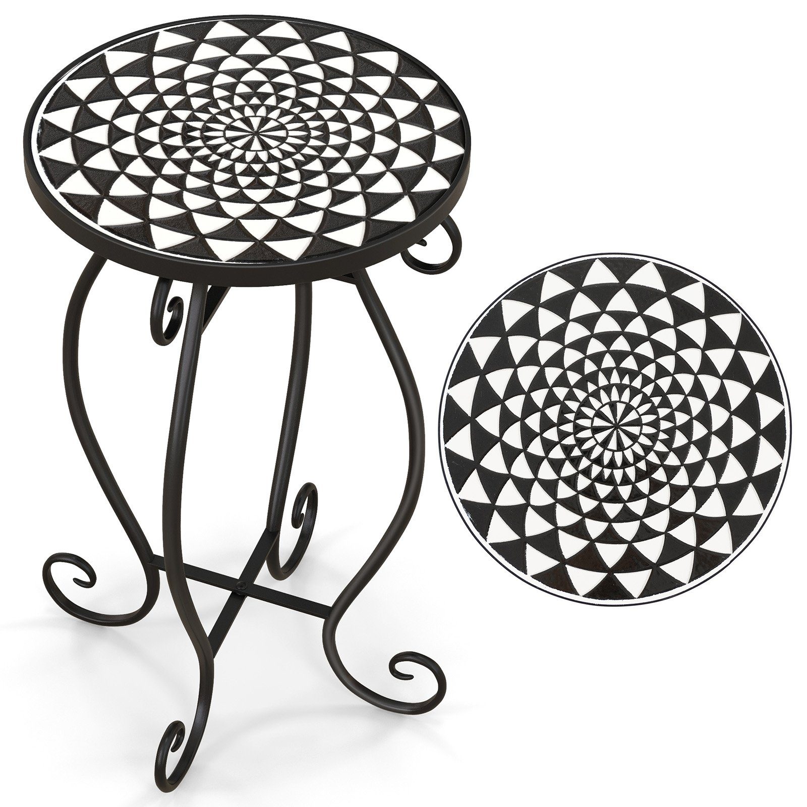 COSTWAY Gartentisch, Mosaiktisch rund aus Metall & Keramik, ∅30x50cm Schwarz, Weiß