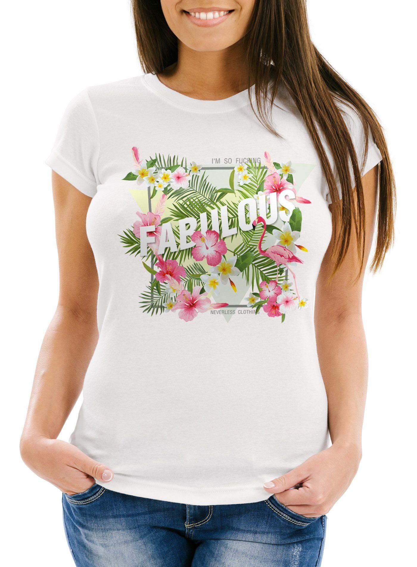 Neverless Print-Shirt Damen T-Shirt Flamingo Fabulous Palmen Blumen Flower Tropical mit Print