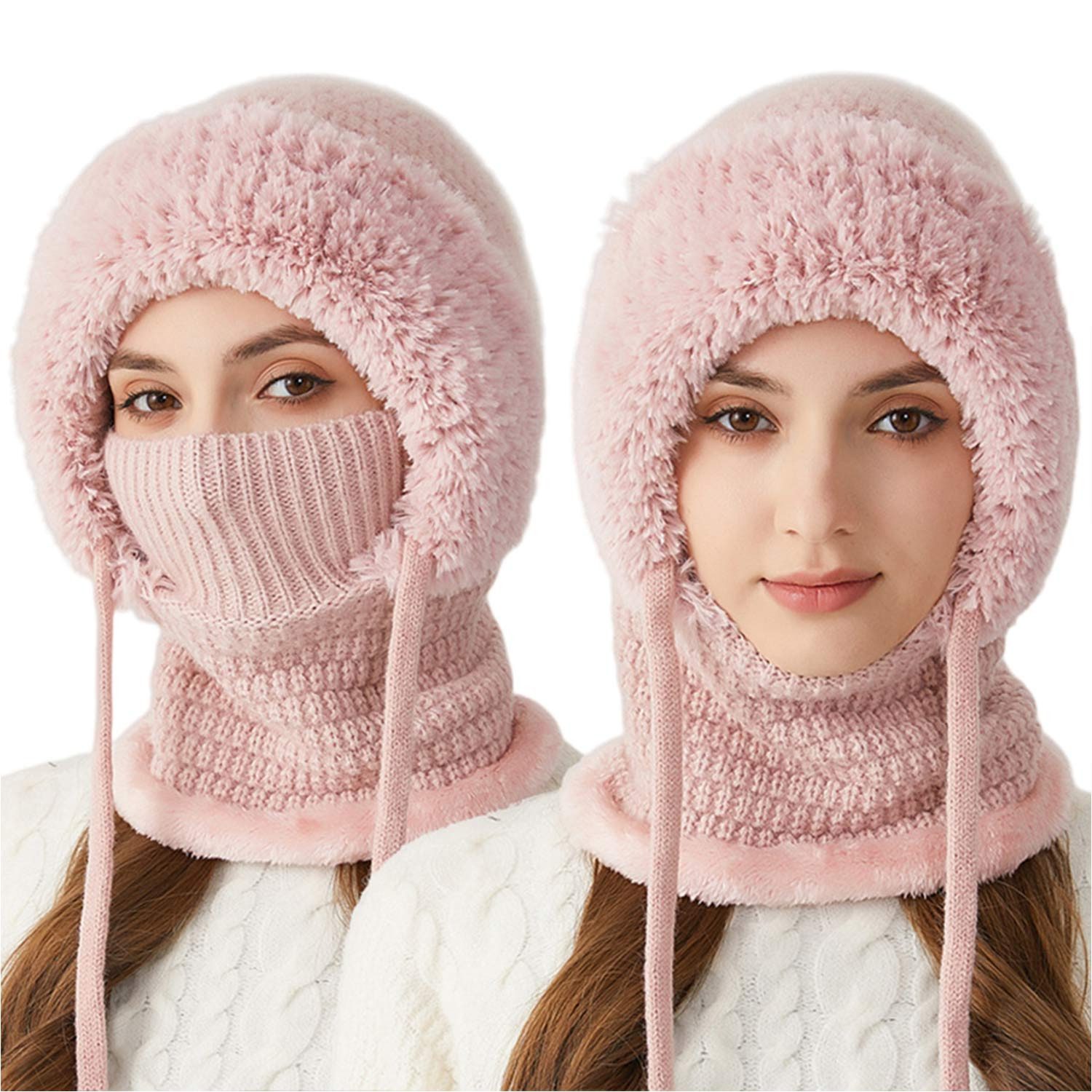 Refttenw Sturmhaube Fahrrad Wintermütze Damen Strickmütze mit Schal & Windmaske (1-St) warmes Fellfutter & verstellbarer Tunnelzug