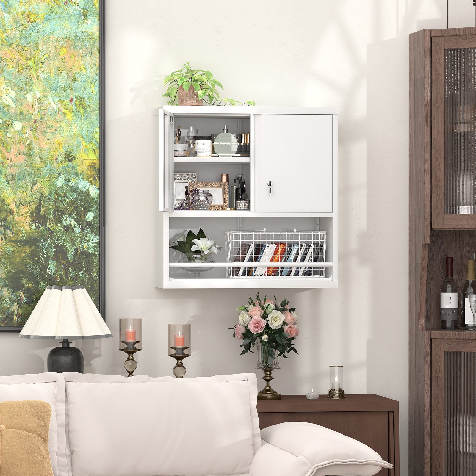 HAUSS SPOLE Hängeschrank mit verstellbaren Einlegeböden,Metallschrank Küchenschrank,Weiß (Wandschrank Metallschrank wandmontiertes Design mit abschließbarer Tür)