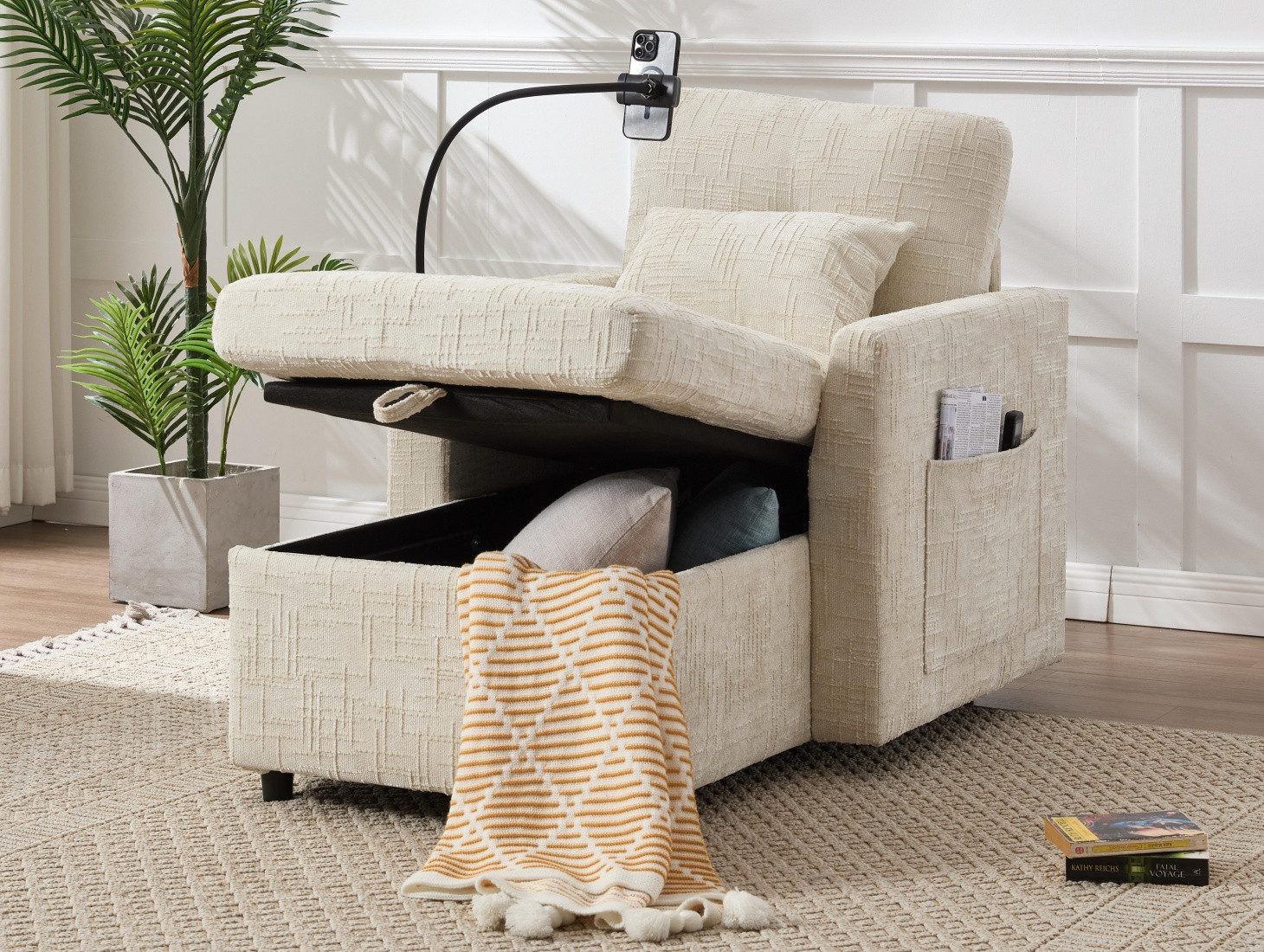 LVHOM Relaxsessel Chaiselongue, Ottomane, Polsterliege, Einzelsitz mit XXL-Stauraum (integriertem verstellbarem Smartphone-Halter, Sitzbox-Stauraum (122x55,5x23 cm), Bequeme Sitzgelegenheit mit seitlicher Ablagefläche, Rückenlehne, 1-Sitzer, 2 Nackenkissen), kleinen Räumen, Mietwohnungen, Wohn-/Schlaf-/Arbeitszimmer,Büro,Balkon