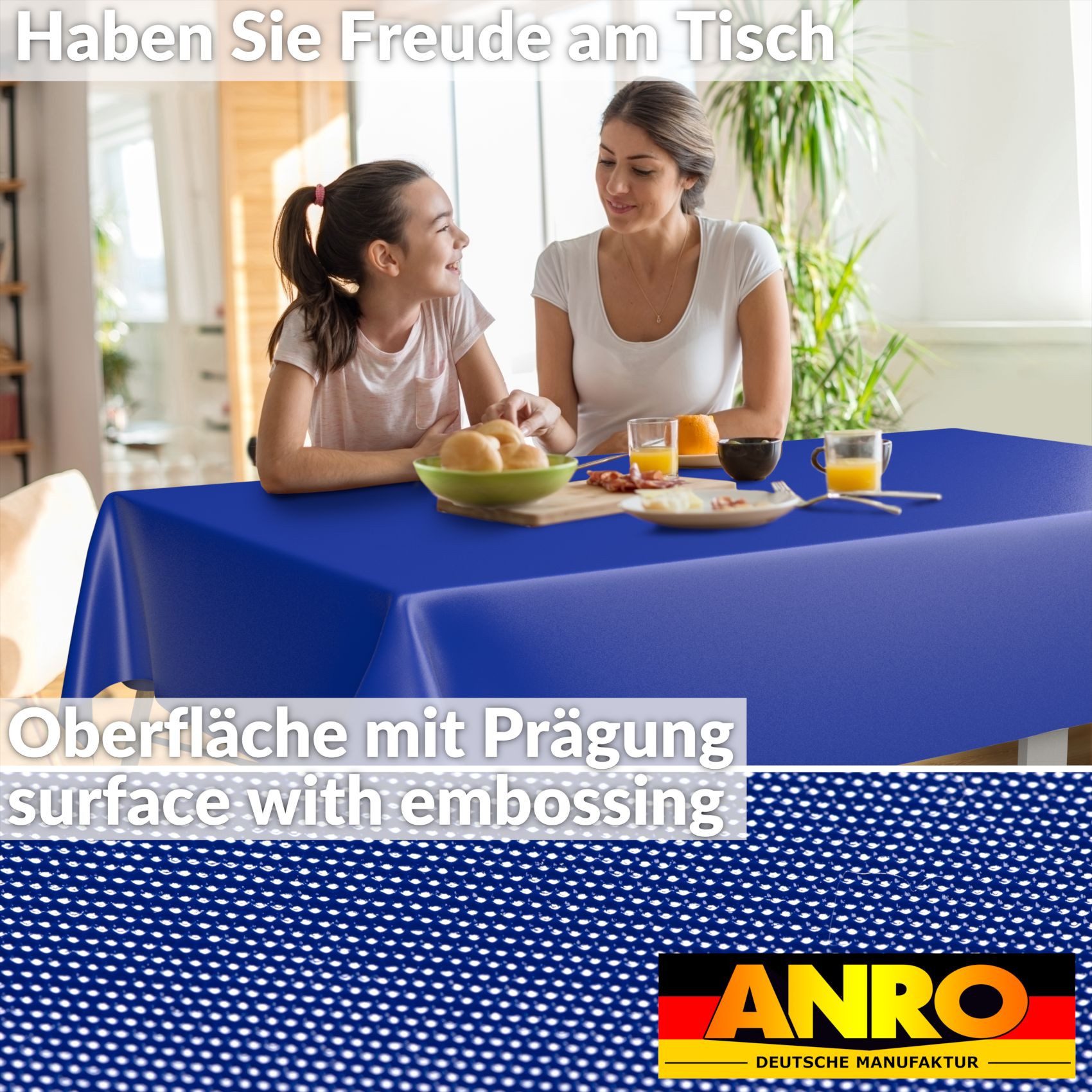 ANRO Tischdecke Wachstuchtischdecke abwaschbar UNI auch als Gartentischdecke (Einzelstück 1-tlg), wasserabweisend pflegeleicht Textil-Optik Blau 100x140cm