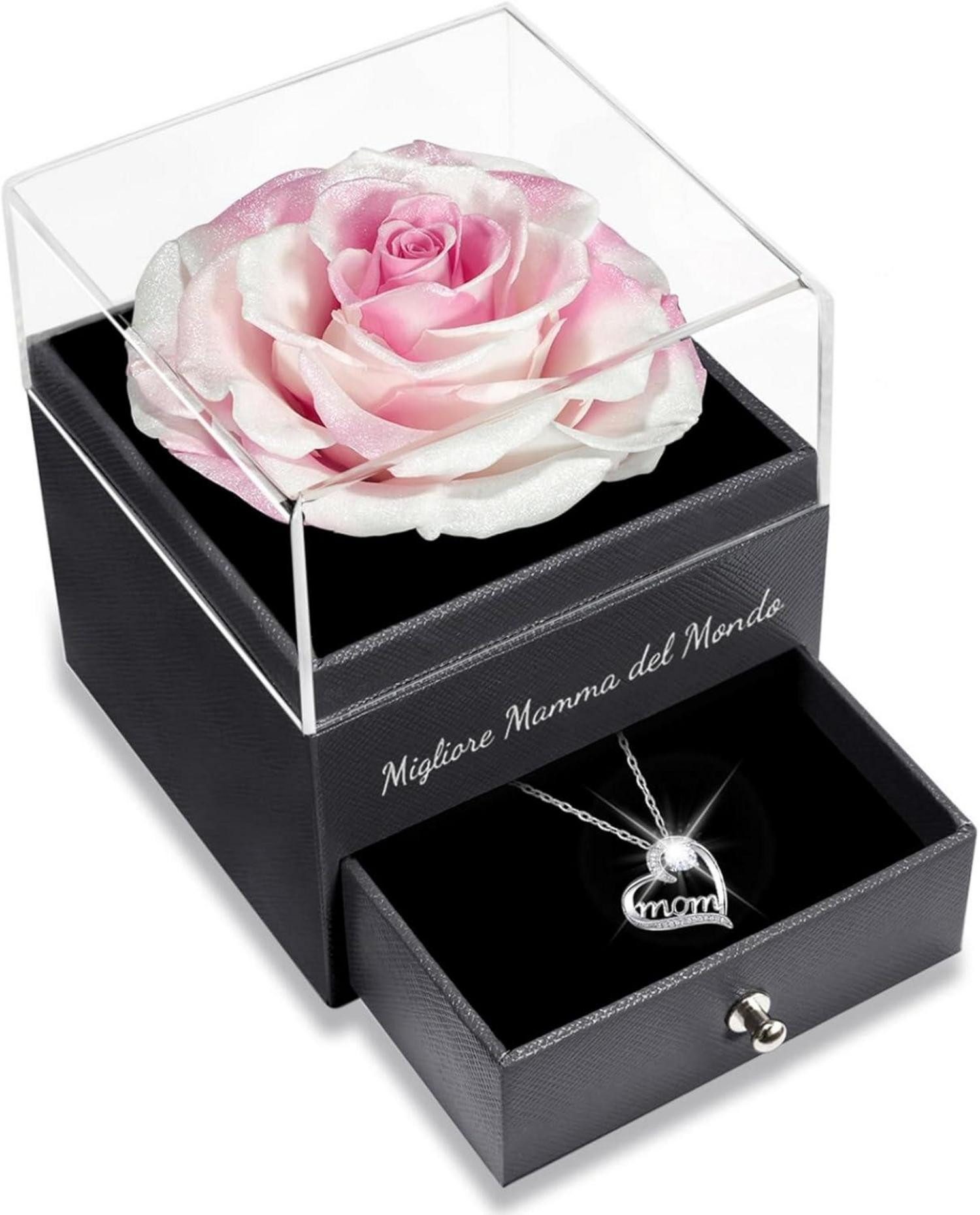 LuxusKollektion Schmuckset mit Gravur Ewige Rose Geschenkbox für Mama mit Mom Halskette, 925 Silber