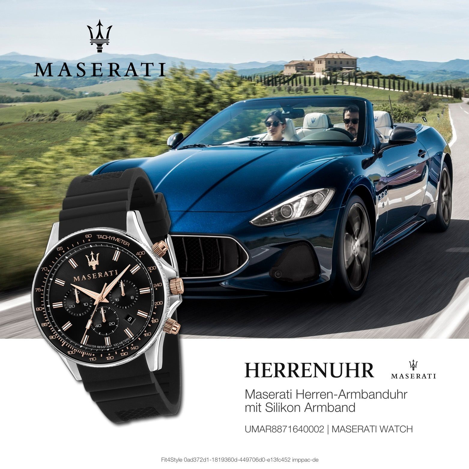 MASERATI Chronograph Maserati Herren Uhr silber 44mm) Italy groß Chronograph, Herrenuhr (ca. rund, Silikonarmband, Made-In