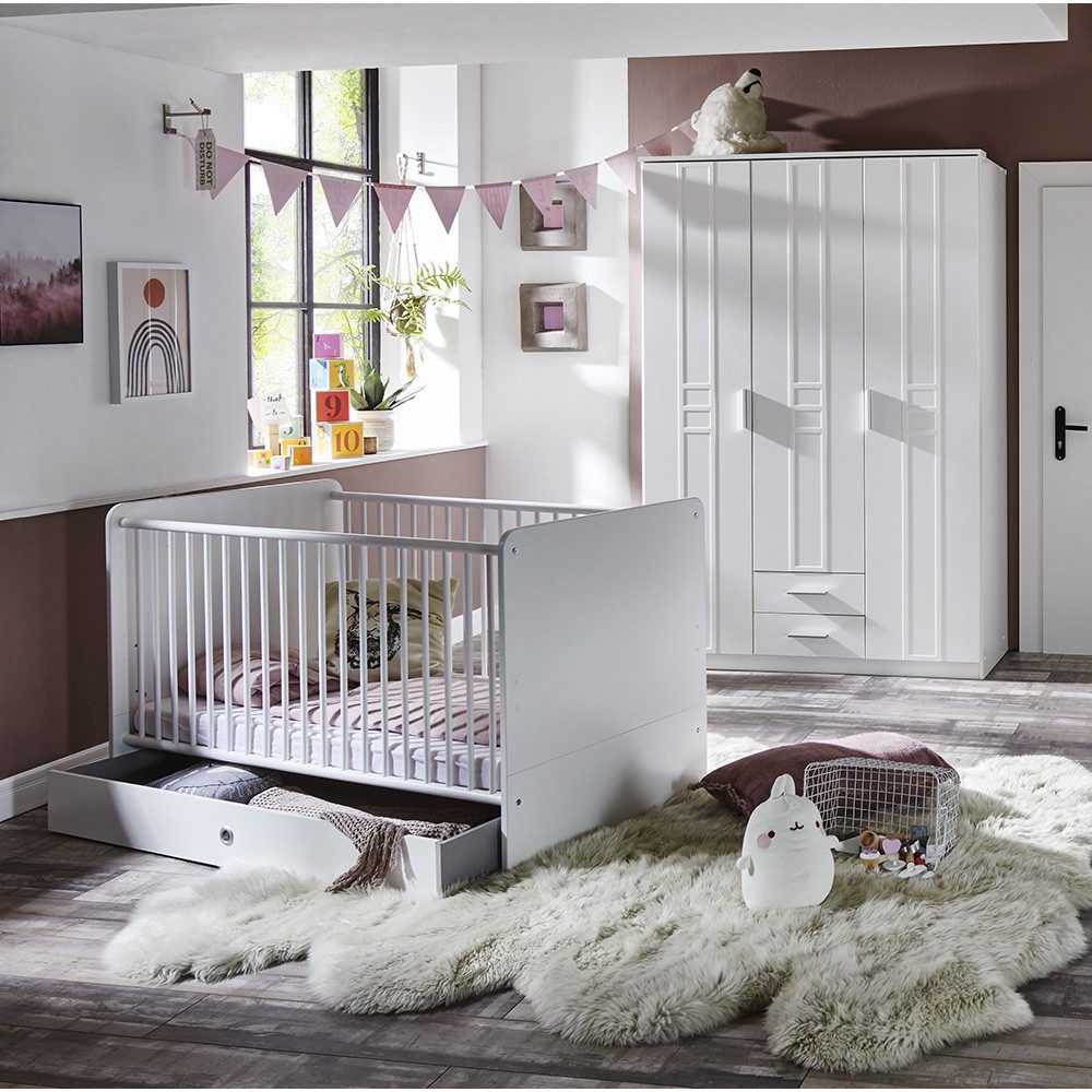 Lomadox Babyzimmer-Komplettset BEELEN-43, (3-tlg., Kleiderschrank, Babybett, Bettschubkasten), weiß, Babyzimmer Schrank, Gitterbett mit Schubkasten