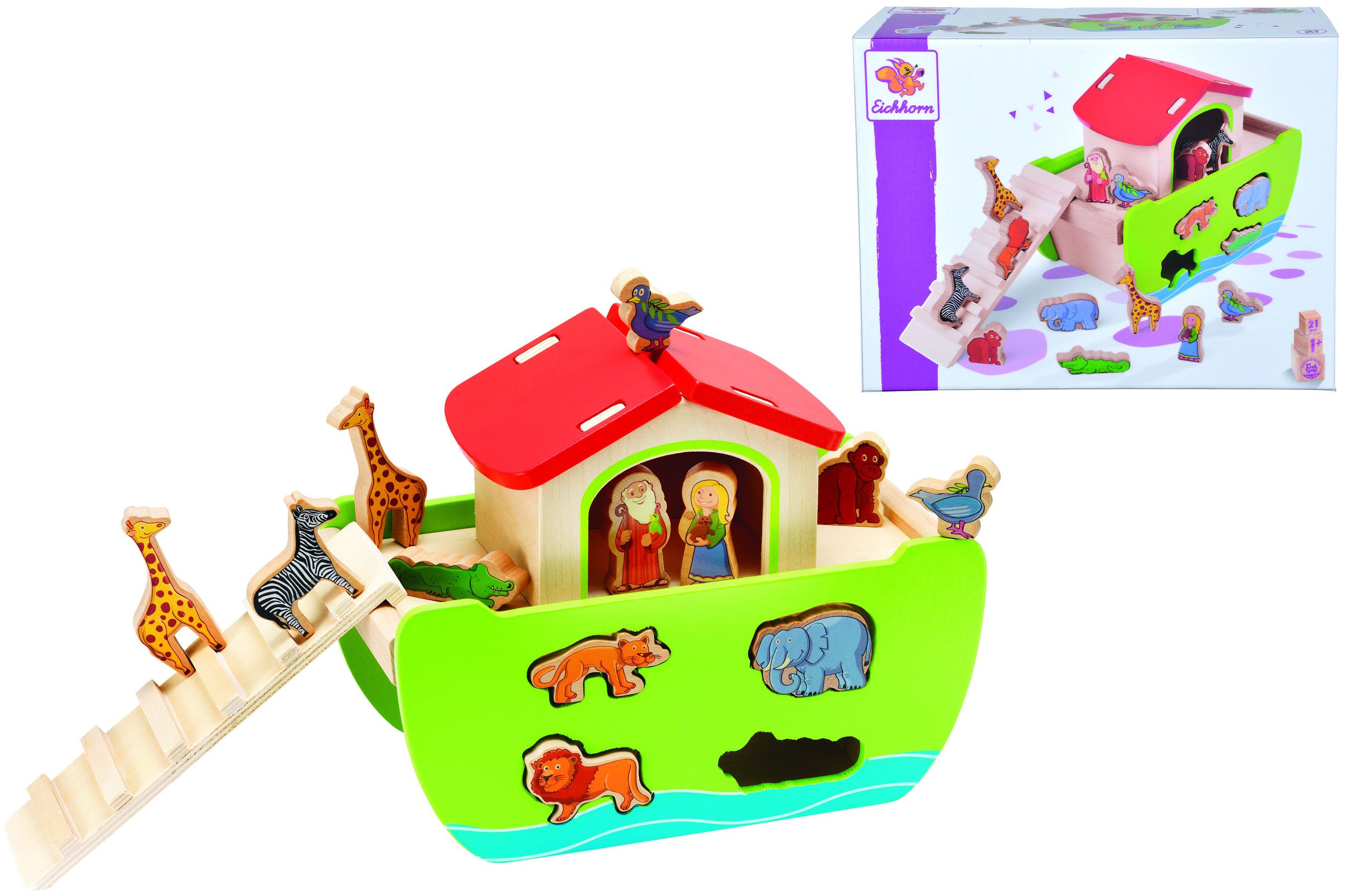 Eichhorn Steckspielzeug Arche Noah, (Set, 21-tlg), mit abnehmbarem Dach