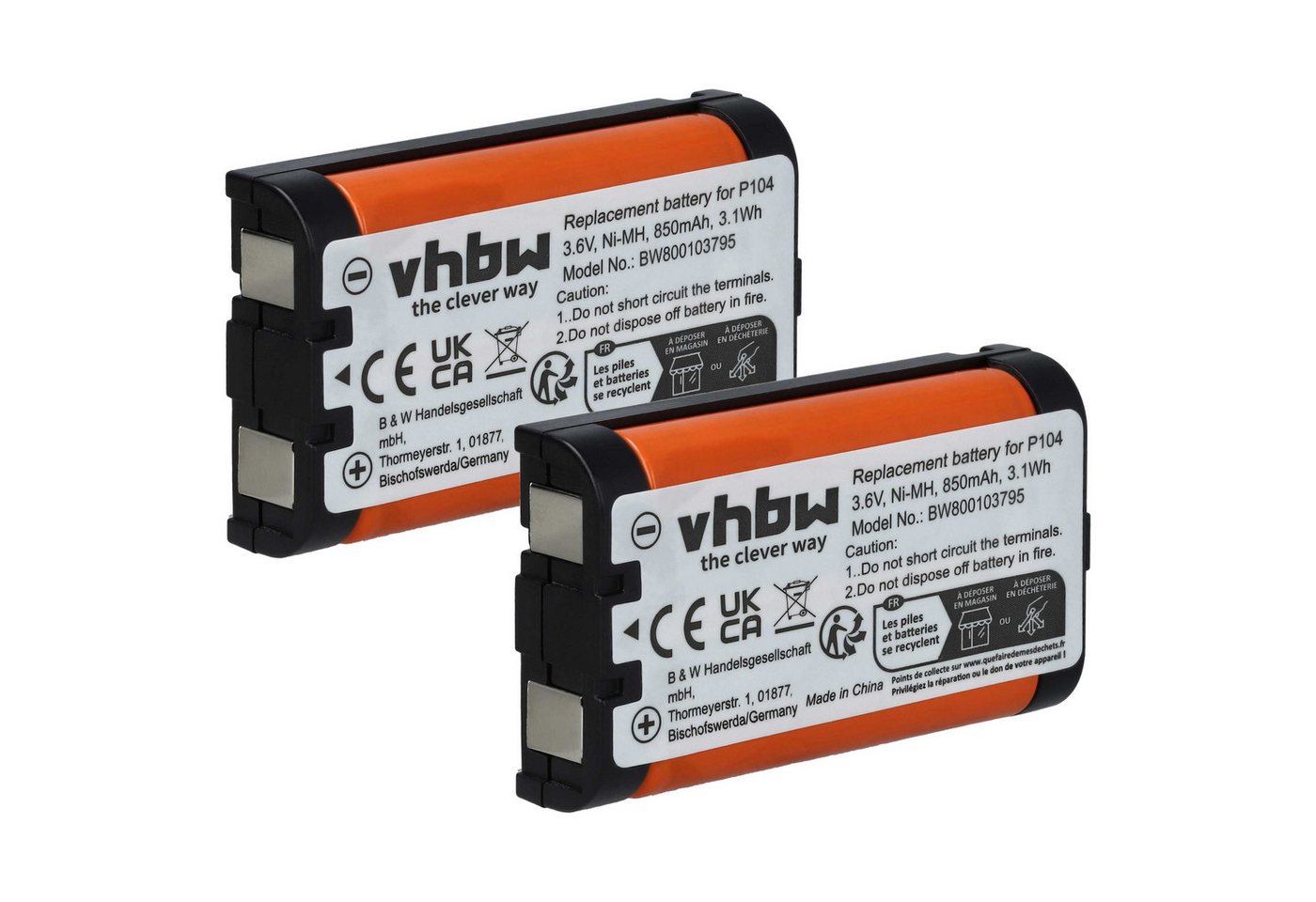 vhbw Akku Ersatz für HHR-P104A, P104A/1B, TL26411, GES-PC619, Akku Akku NiMH 850 mAh (3,6 V, 2 St), Leistungsfähige Austausch-Akkus für Telefon, Festnetz oder schnurloses