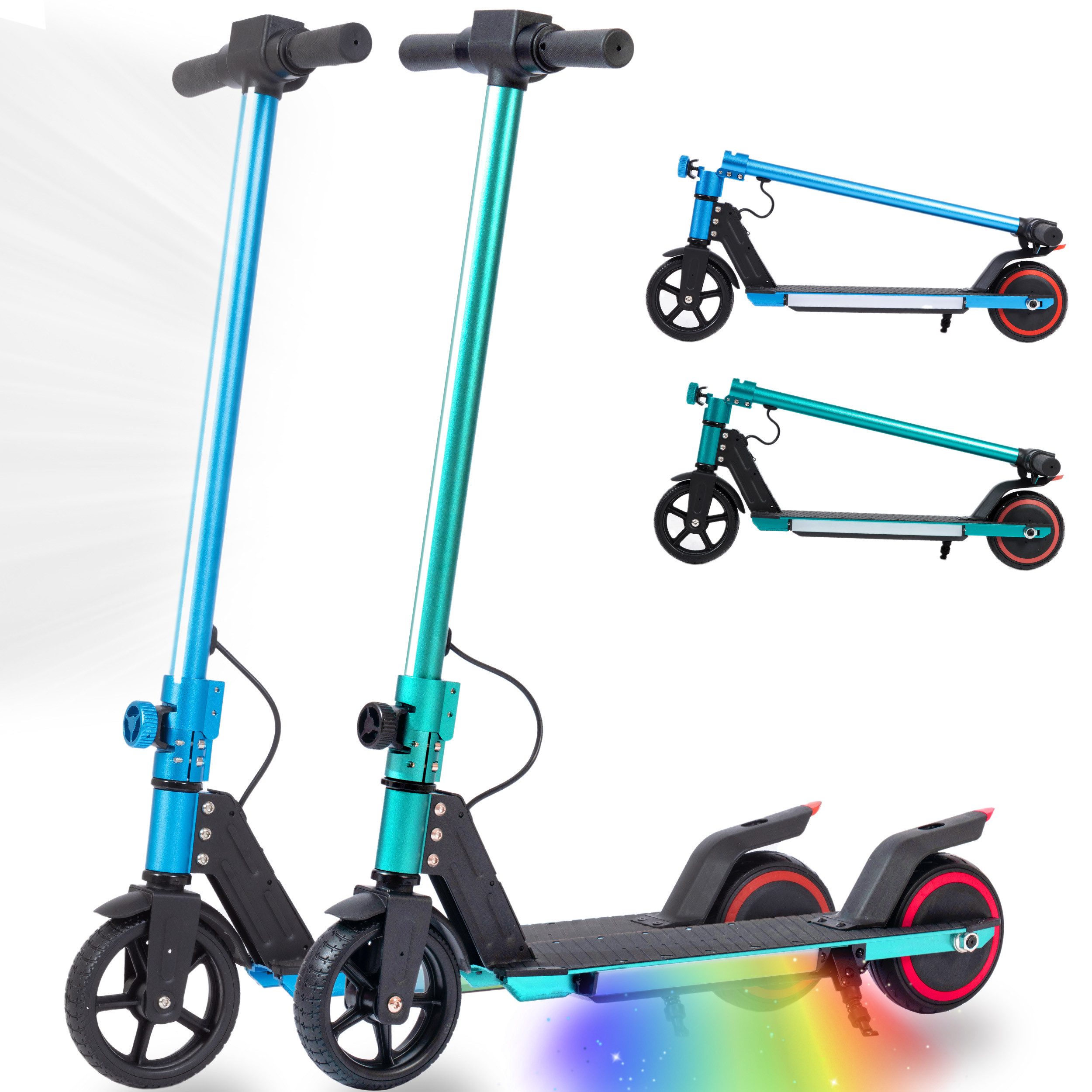 Vankel E-Scooter Kinder ab 6 Jahre, klappbar, 10km, Bunte Leuchten, Jungen und Mädchen, 150 W, 14 km/h, (für Jungen und Mädchen, max. 50kg, Aluminiumrahmen, faltbar), Elektro-Kinderroller, Lenksäulenlicht, mit Haken, EBS + Fußbremse