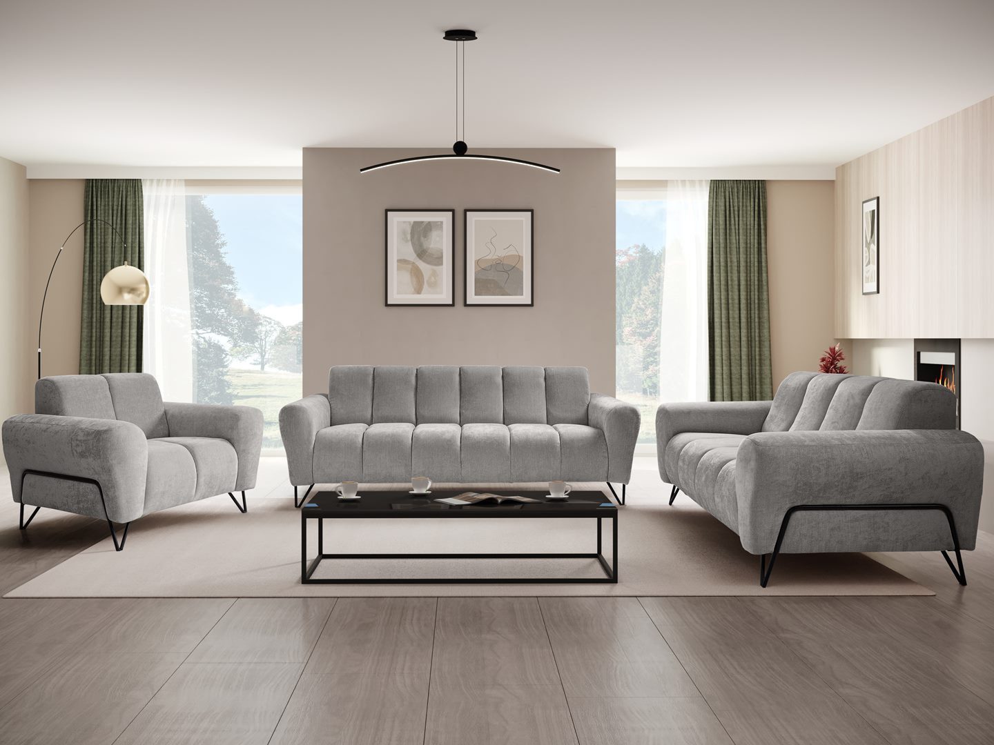 Beautysofa Polstergarnitur VOLARE mit Metallbeine in Schwarz, 3-Sitzer Sofa +2-Sitzer Sofa + Sessel