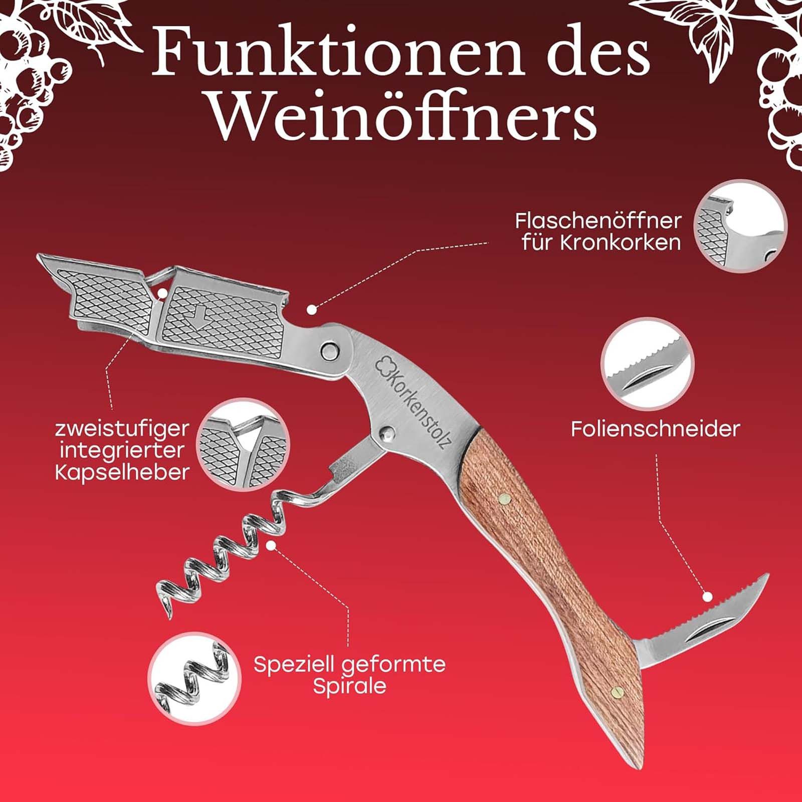 Korkenstolz Korkenzieher Flaschenöffner Edelstahl Kellnermesser Sommeliermesser Weinöffner, (1 tlg), mit Holzgriff