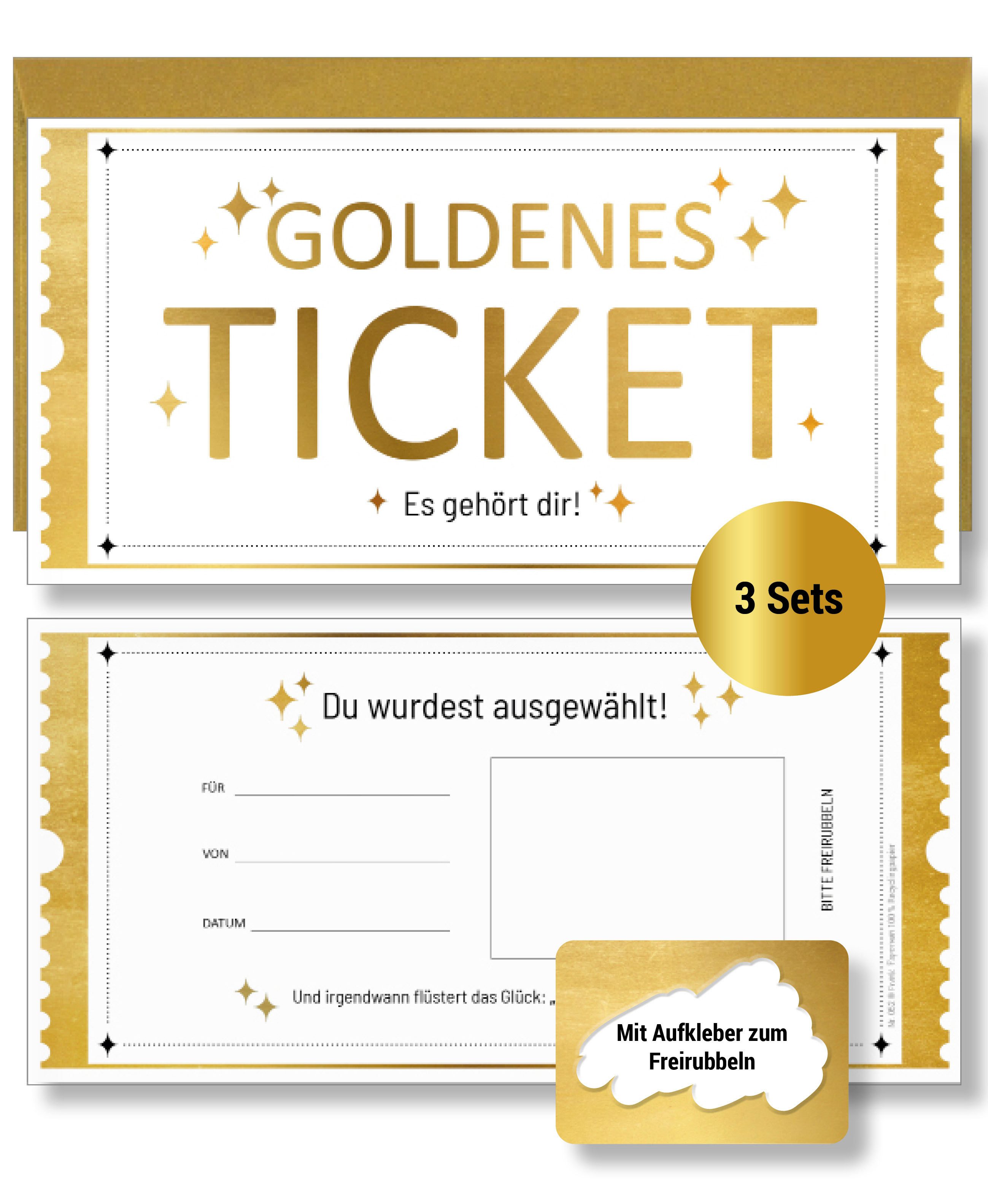 Frank Paperman Geschenkkarte Set Goldenes Ticket Gutschein mit Umschlag & Rubbelaufkleber, 100 % Recyclingpapier, hochwertige Rubbelkarten zum selber beschriften
