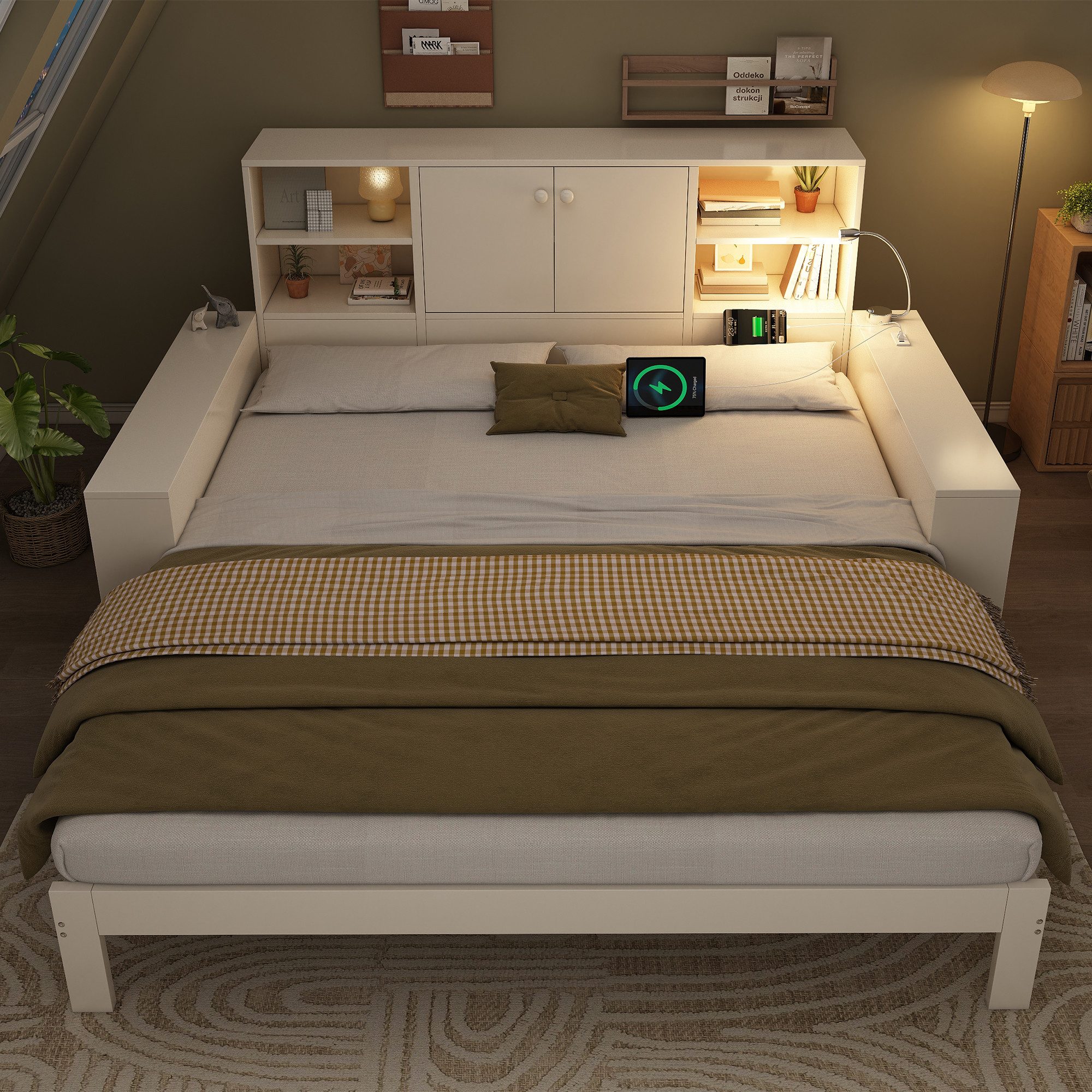 TavilaEcon Stauraumbett Holz-Bett, Tagesbett mit Doppeltüren & USB/USB-C Anschlüssen (1-tlg), mit Ausziehbett, ohne Matratze, Weiß