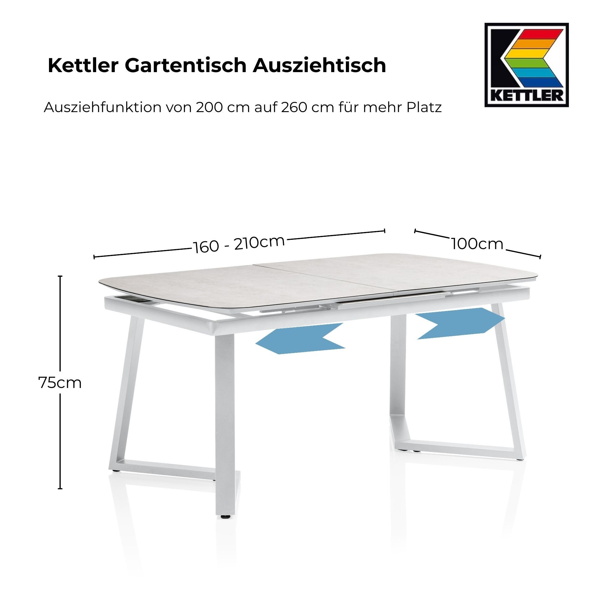 KETTLER Gartentisch Kettler Gartentisch Ausziehtisch 200/260 x 95 cm Alu Glas Keramik