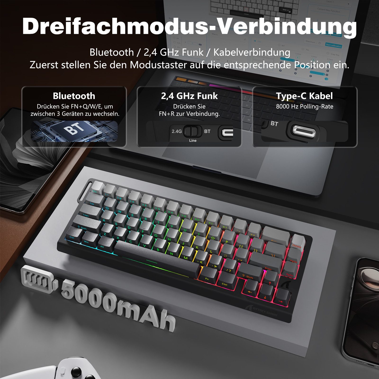 ATTACK SHARK X68PRO HE 8KHz Rapid Trigger Wireless Gaming-Tastatur,0,01mm RT Gaming-Tastatur (Hall-Effekt-Magnetschalter,BT/2.4G/Kabel,RGB)