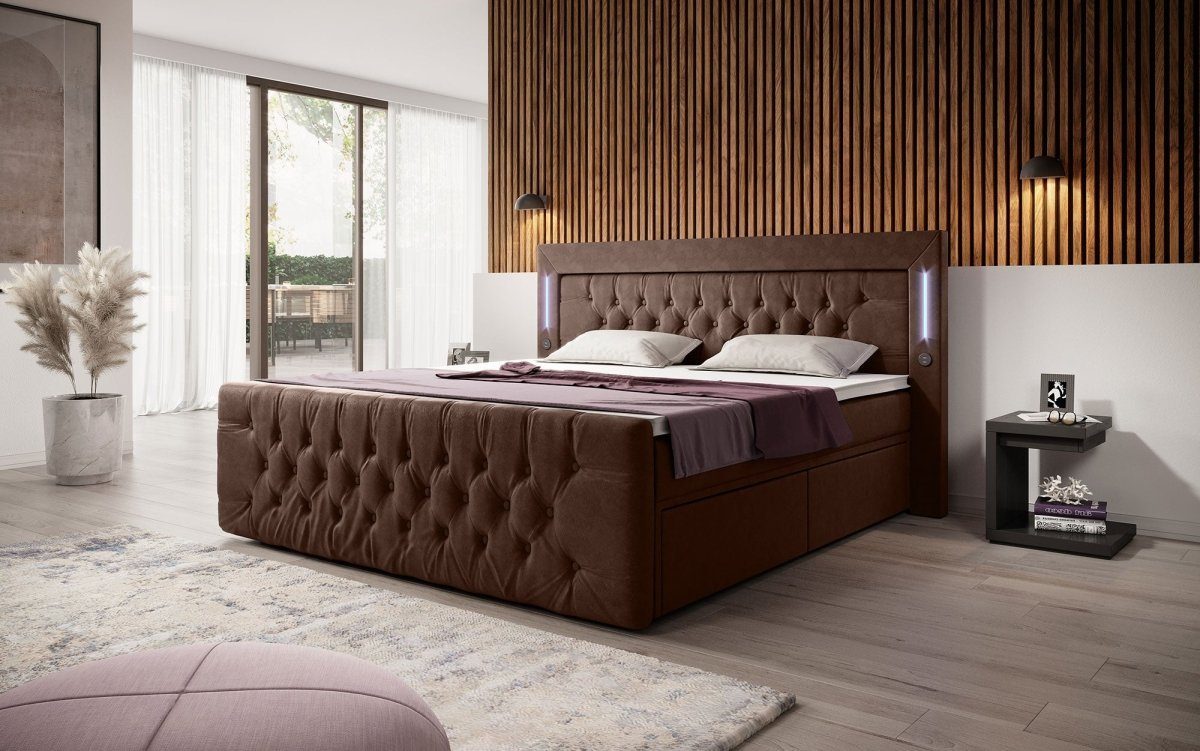 Luxusbetten24 Boxspringbett Diva, mit LED-Beleuchtung, USB-Anschluss und Stauraum