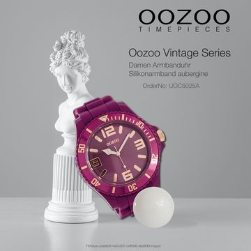 OOZOO Quarzuhr Oozoo Unisex Armbanduhr Vintage Series, Damen, Herrenuhr rund, groß (ca. 48mm) Silikonarmband aubergine, lila