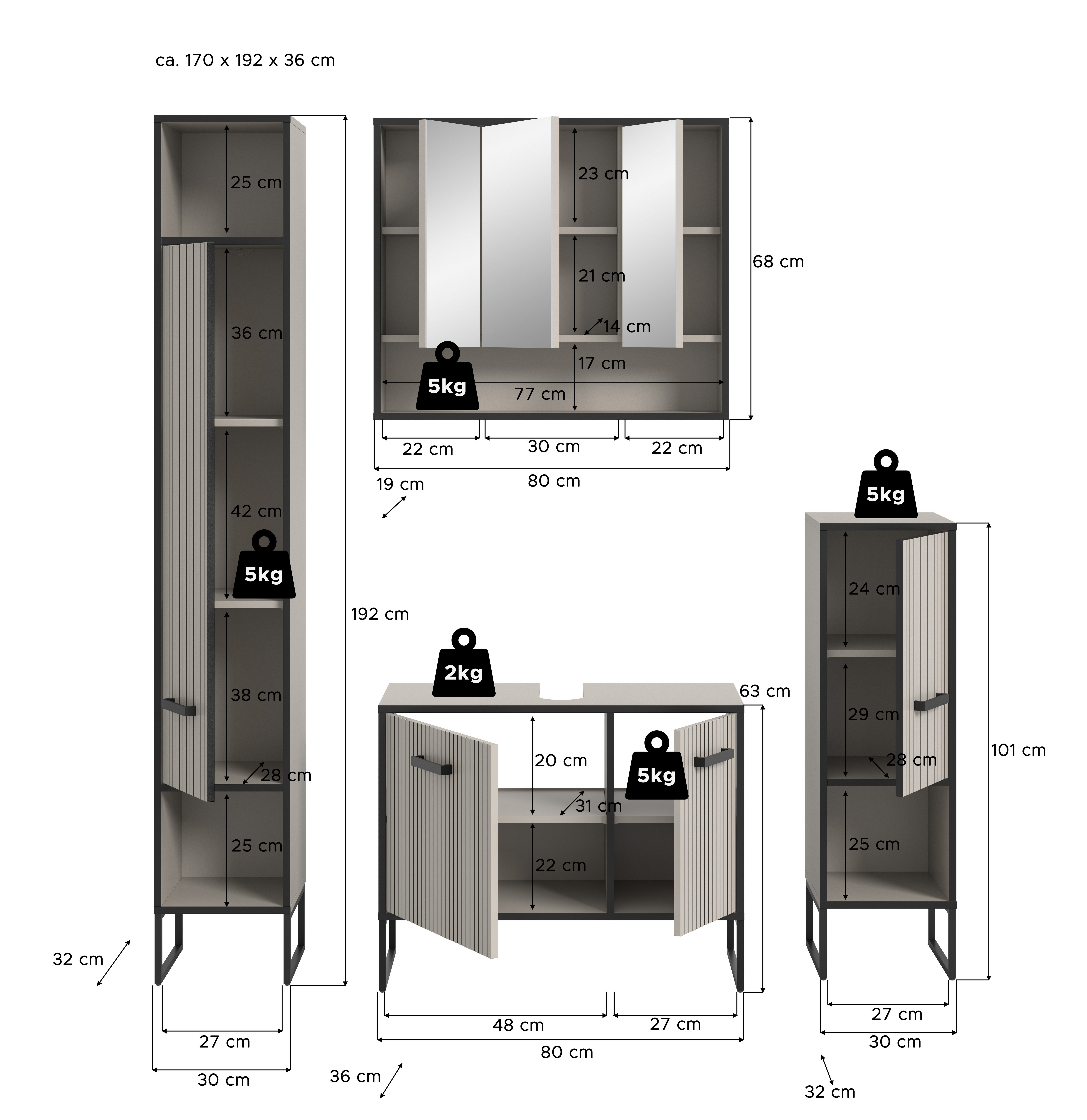 welltime Badmöbel-Set Locri, Breite 170 cm, Rillenoptik, Metallkufen, (4-St), Hochschrank, Waschbeckenunterschrank, Spiegelschrank, Standschrank