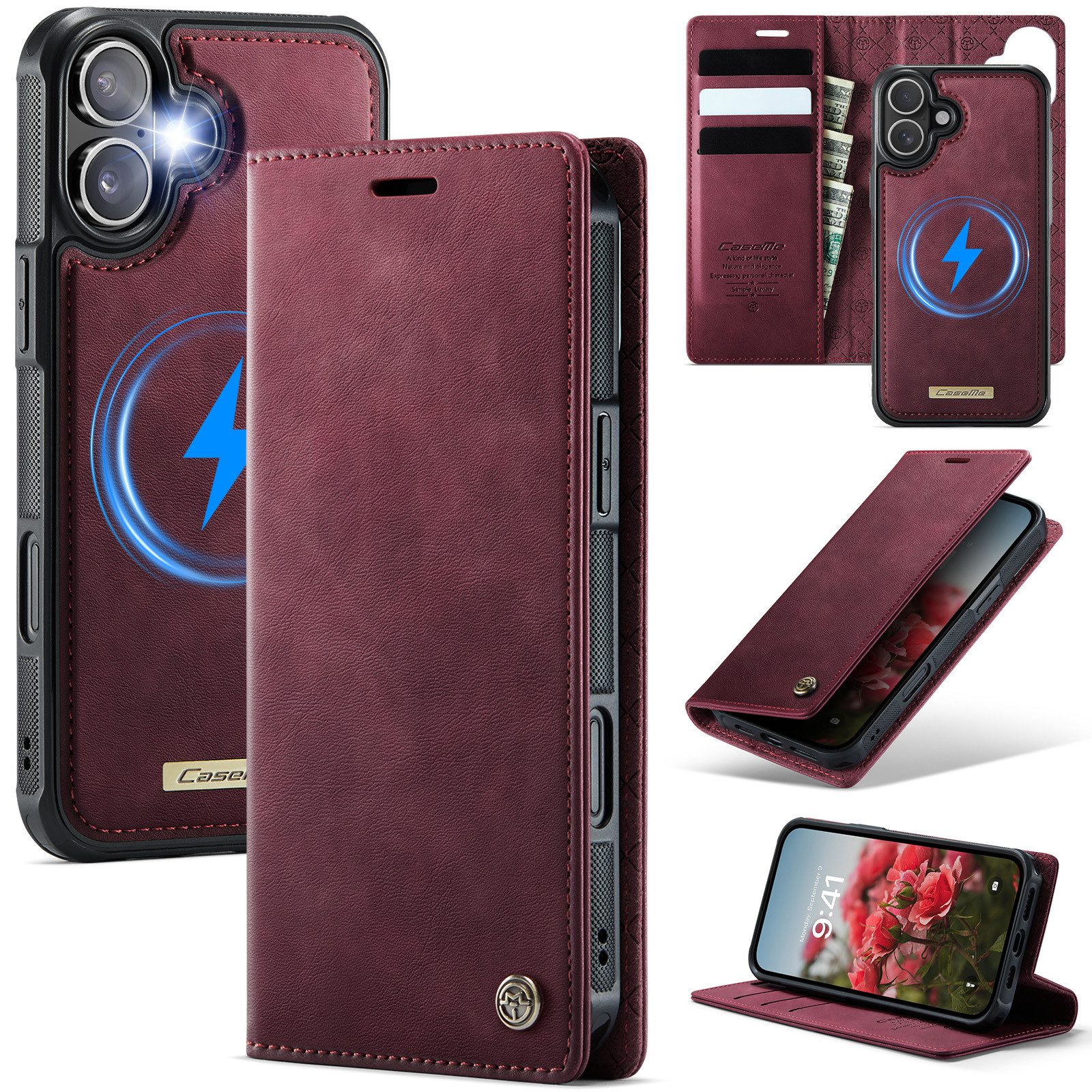 Mycotech Handyhülle Premium 2in1 Klapphülle mit abnehmbarem Magnet Case MagSafe Für iPhone 16, Weinrot