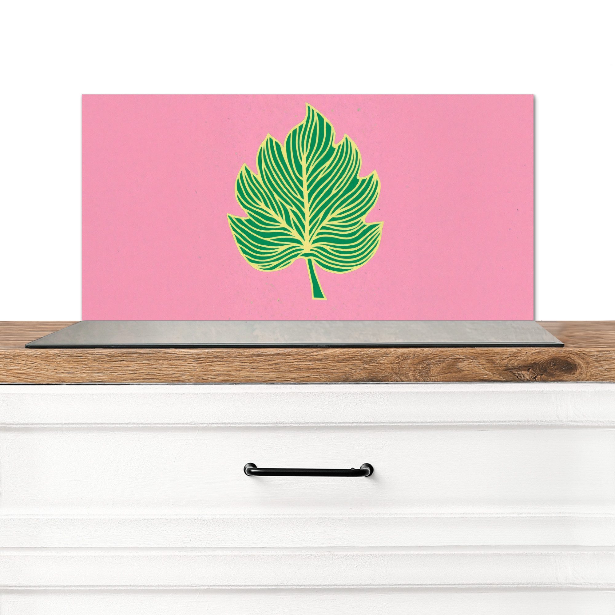 KitchenYeah Küchenrückwand Blatt - Grün - Illustration - Minimalistisch, (1-tlg), Spritzschutz Küchenrückwand, Wandschutz, 60x30 cm