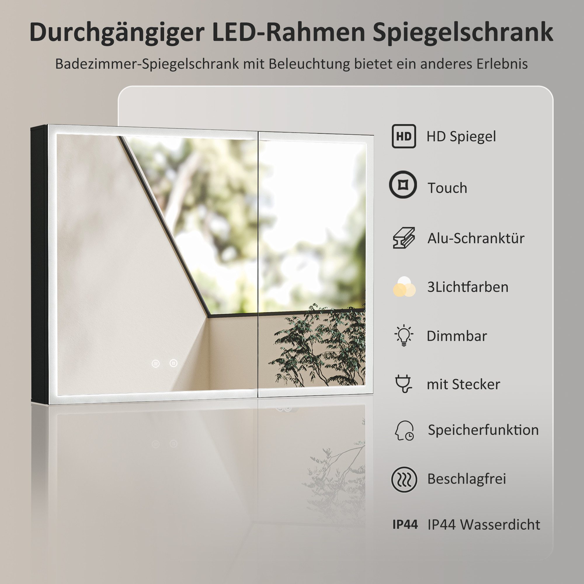 WDWRITTI Badezimmerspiegelschrank mit Beleuchtung 80 x 60 cm, Spiegelschrank Schwarz mit touch, 2 türen (Alu Schrank, Doppelseitiger Spiegel, 3Lichtmodi, Dimmbar, Anti-fog, Memory) mit Netzadapter, Verstellbare Glasböden