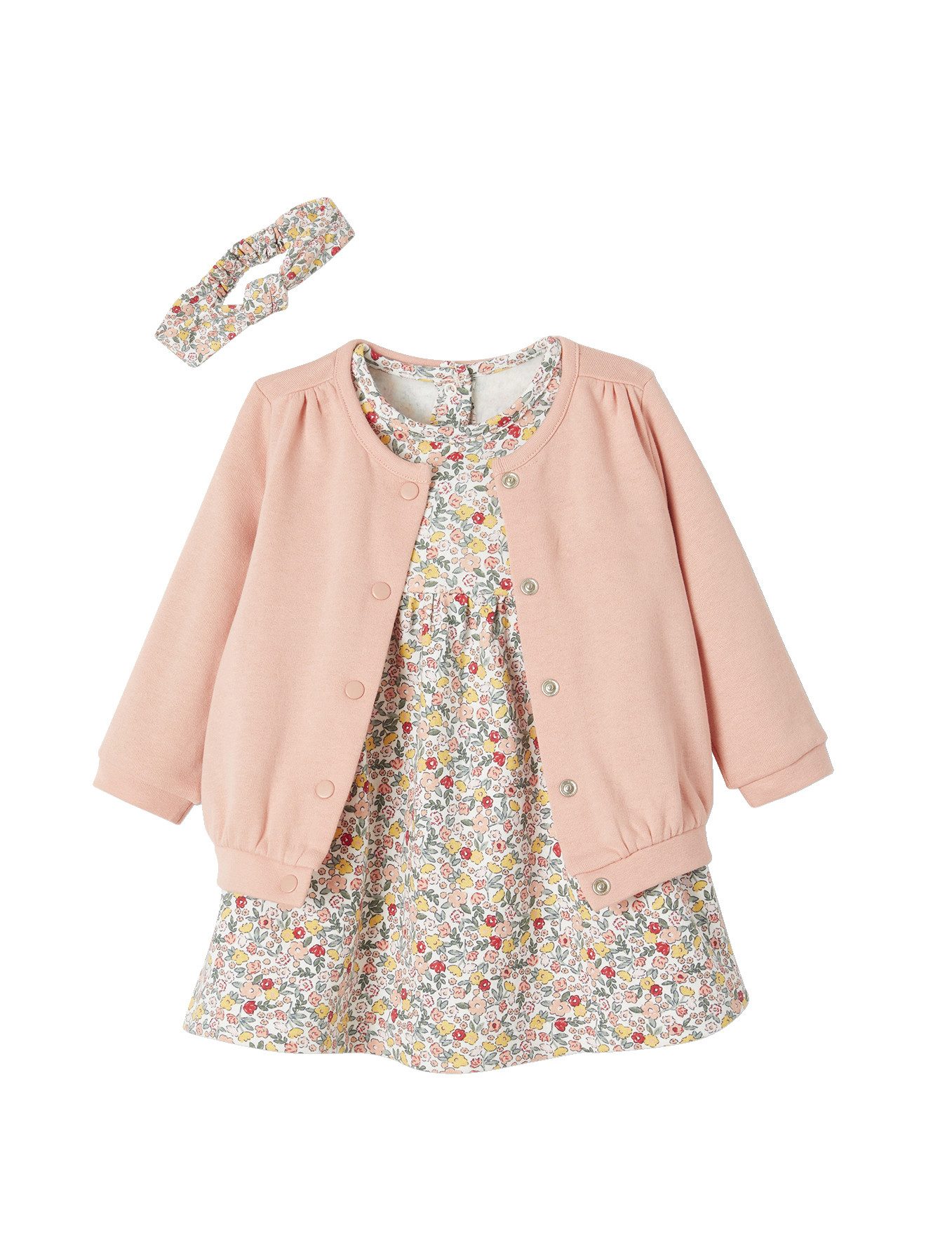 vertbaudet A-Linien-Kleid Mädchen Baby-Set: Kleid, Strickjacke & Haarband