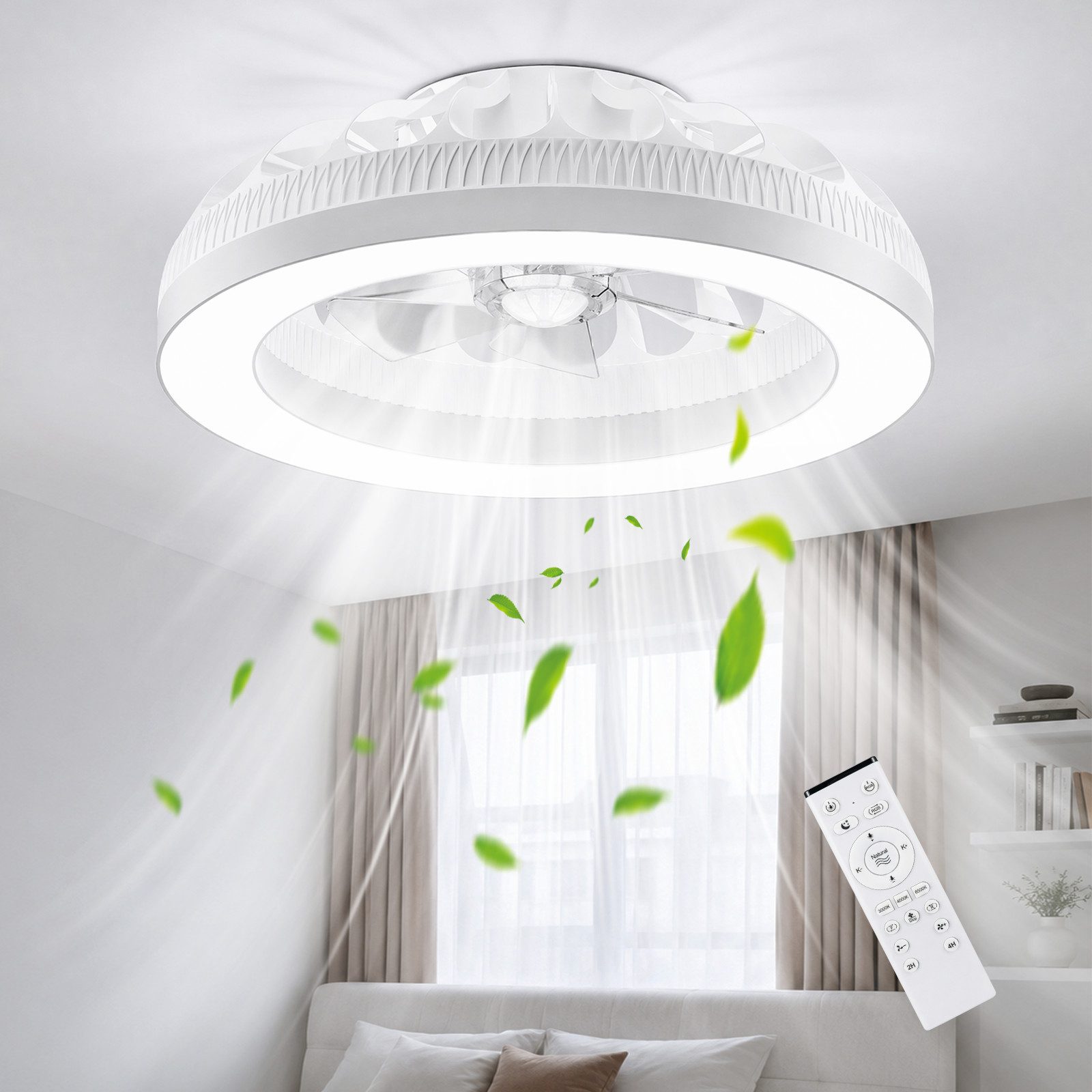 ATEROLL Deckenleuchte mit Ventilator,LED 3CCT,RGB,dimmbar,Deckenlüfter mit Beleuchtung, LED fest integriert, 6500K-kaltweiß, 4000K-neutralweiß, 3000K-warmweiß, Leiser Deckenventilator mit Fernbedienung,Timer,Memoryfunktion