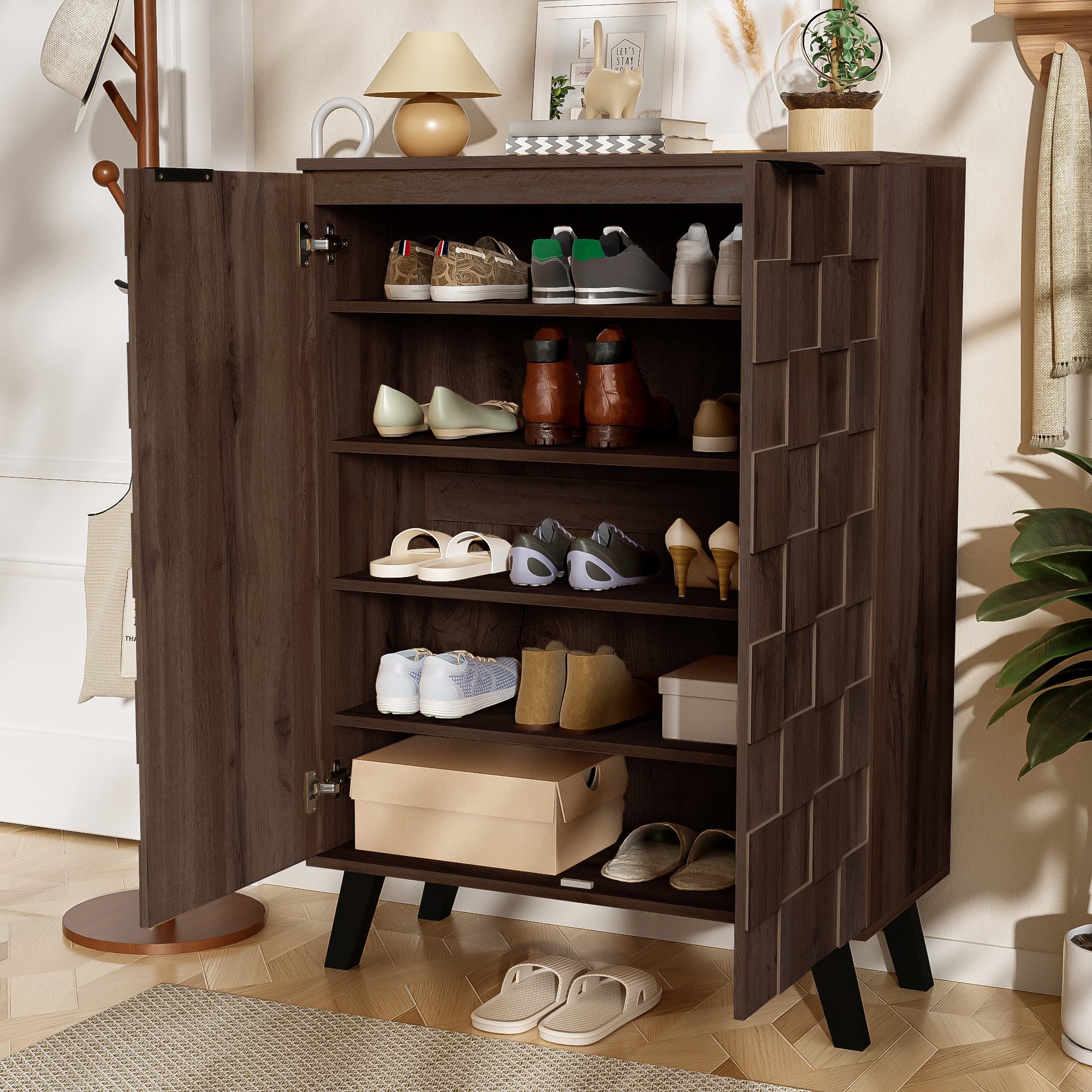 Merax Schuhschrank in Holzoptik/Walnuss und schwarzen Griffen (80,5×35×109, günstig online kaufen