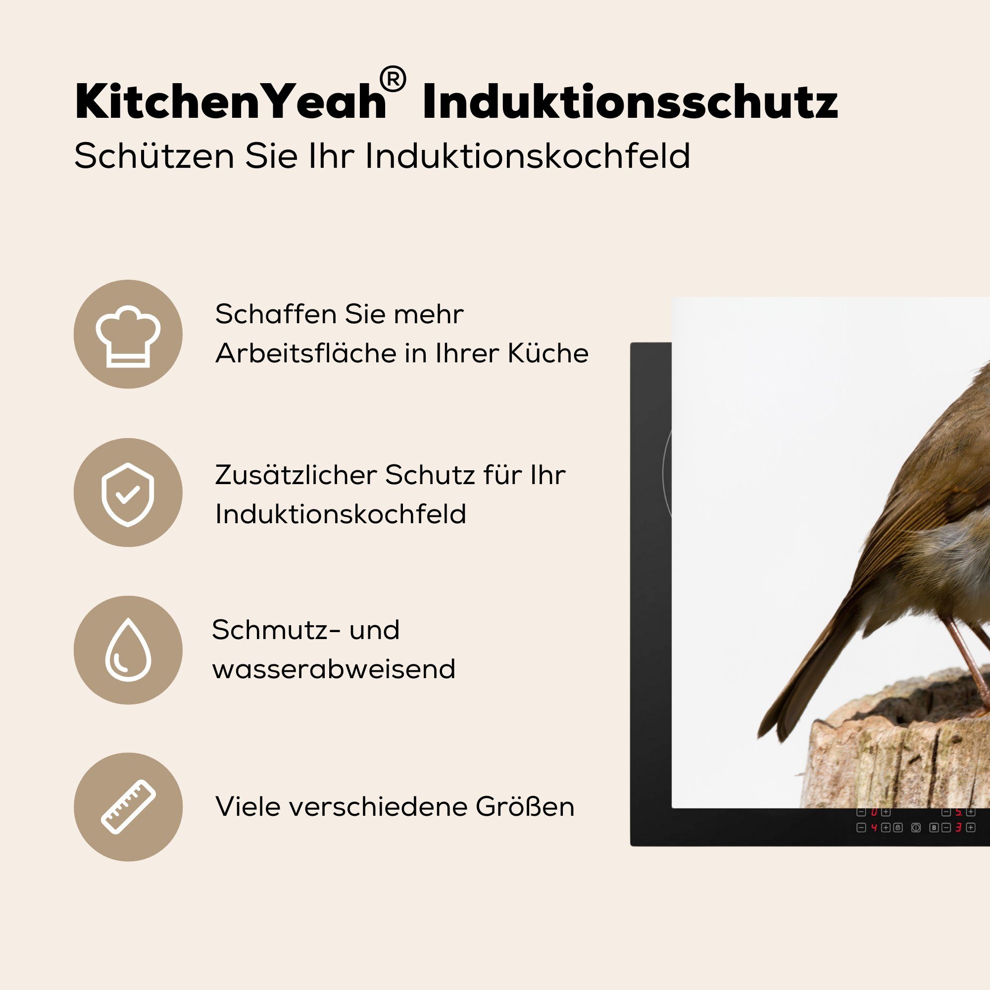 MuchoWow Herdblende-/Abdeckplatte Rotkehlchen - Vogel Induktionskochfeld - küche, (1 für cm, Ceranfeldabdeckung Holz, tlg), 71x52 Vinyl, die Schutz