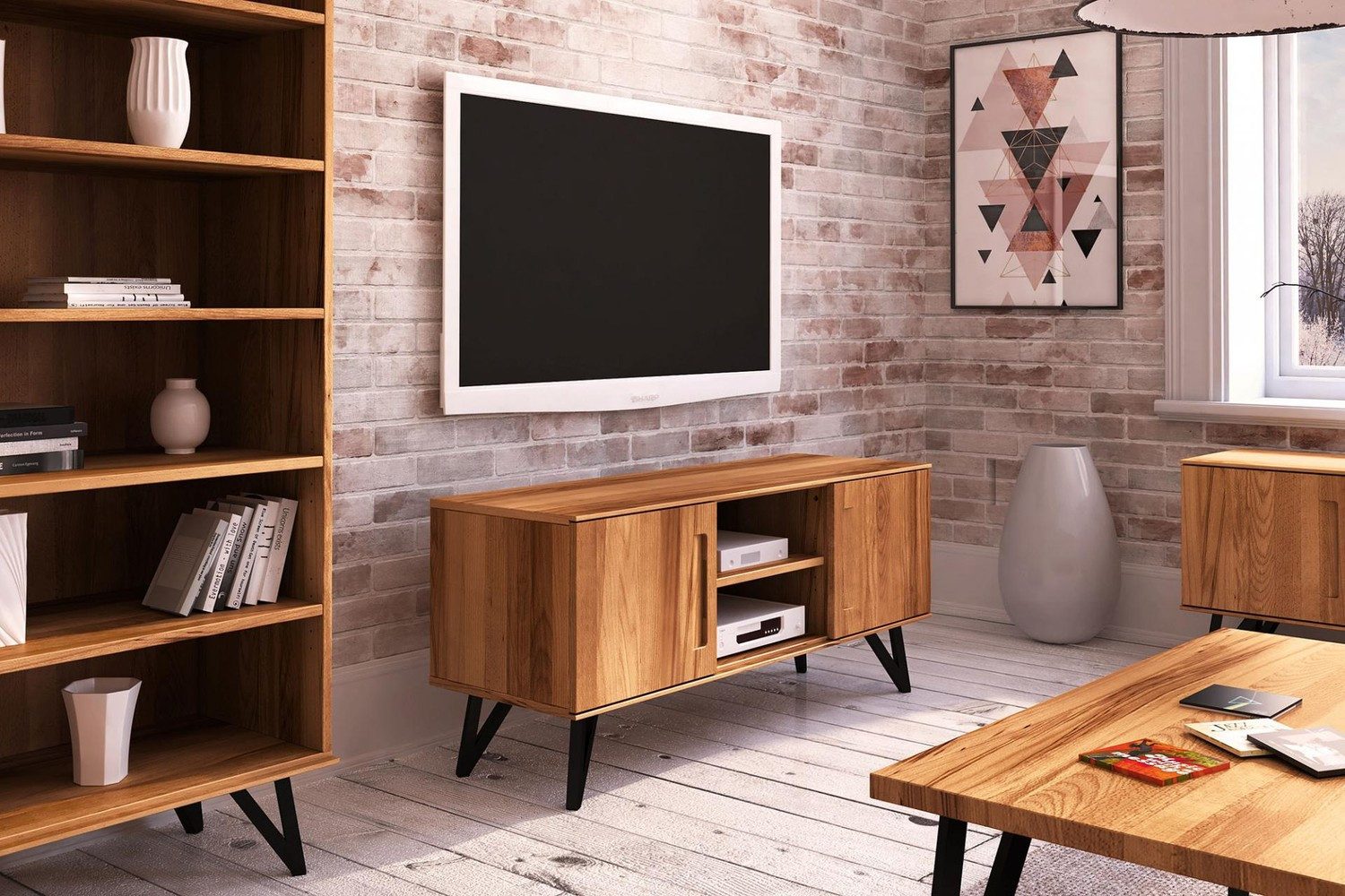 Natur24 Lowboard TV-Board Rolo Kernbuche massiv 136x45x61 Metallbeine 2 Türen 2 Fächer