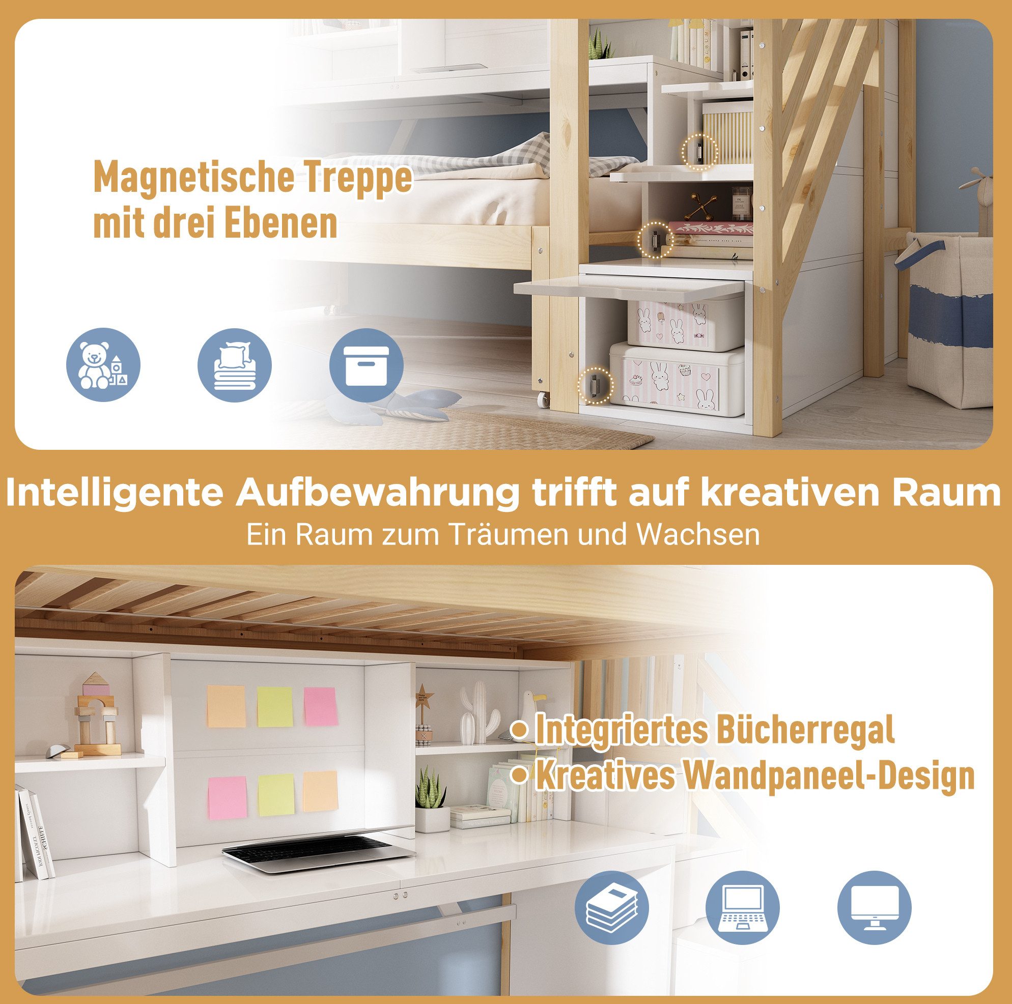 MODFU Etagenbett Kompaktes Kinder-Hochbett mit Stauraum & Schreibtisch (Packung, 90×200 + 90×190 cm, ohne Matratze, für Kinder- & Jugendzimmer), ausziehbares Bett, Treppe, Rollen, Weiß+Eiche