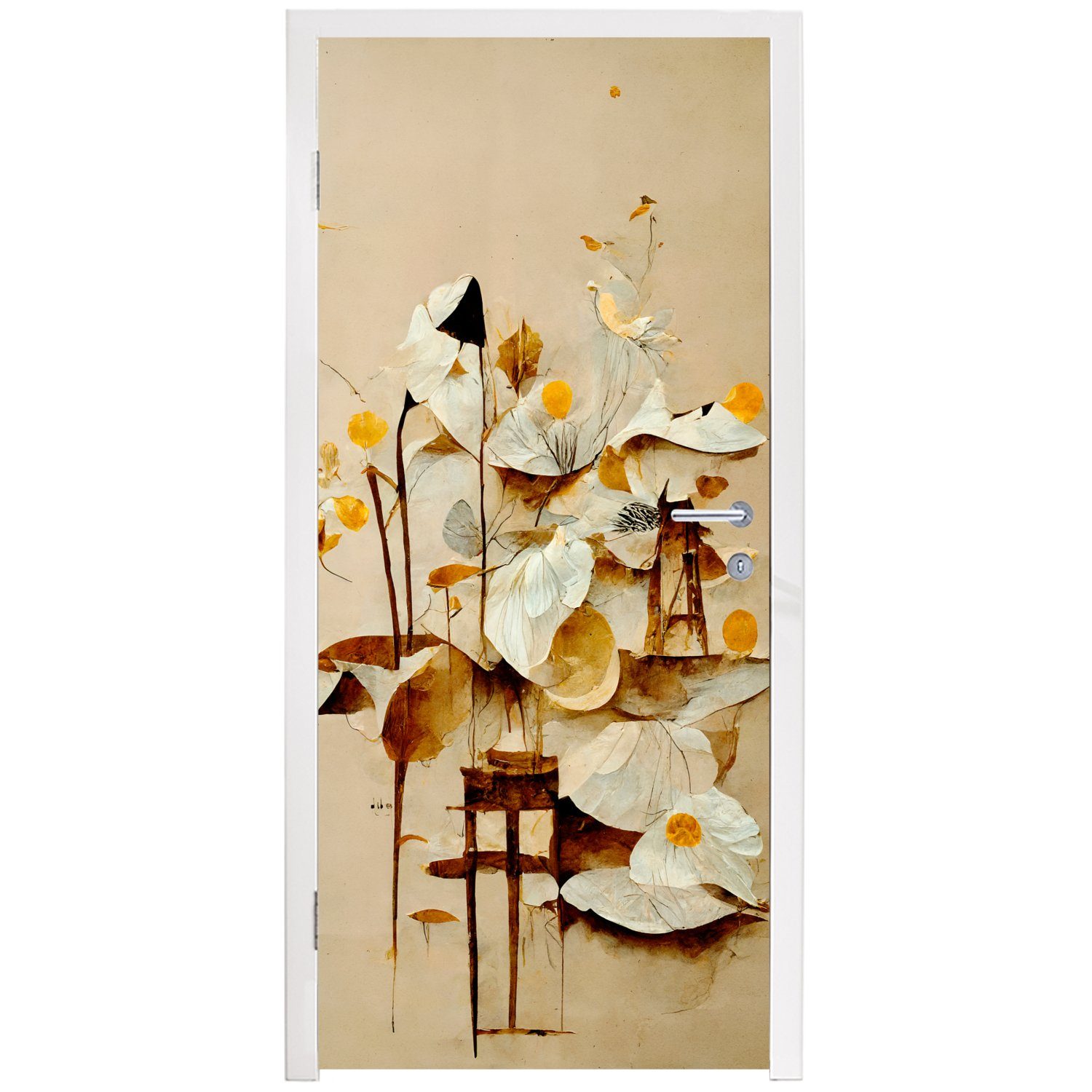 Türaufkleber, Fototapete MuchoWow Weiß Vintage, bedruckt, Matt, - - für St), Pflanzen Blumen Tür, Türtapete 75x205 (1 - cm