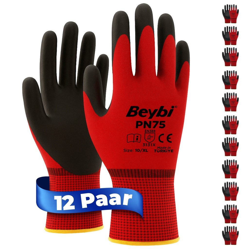 Arbeitshandschuhe Beybi, 12 Paar Arbeitshandschuhe - Polyester, Nitril 1/2-Beschichtung