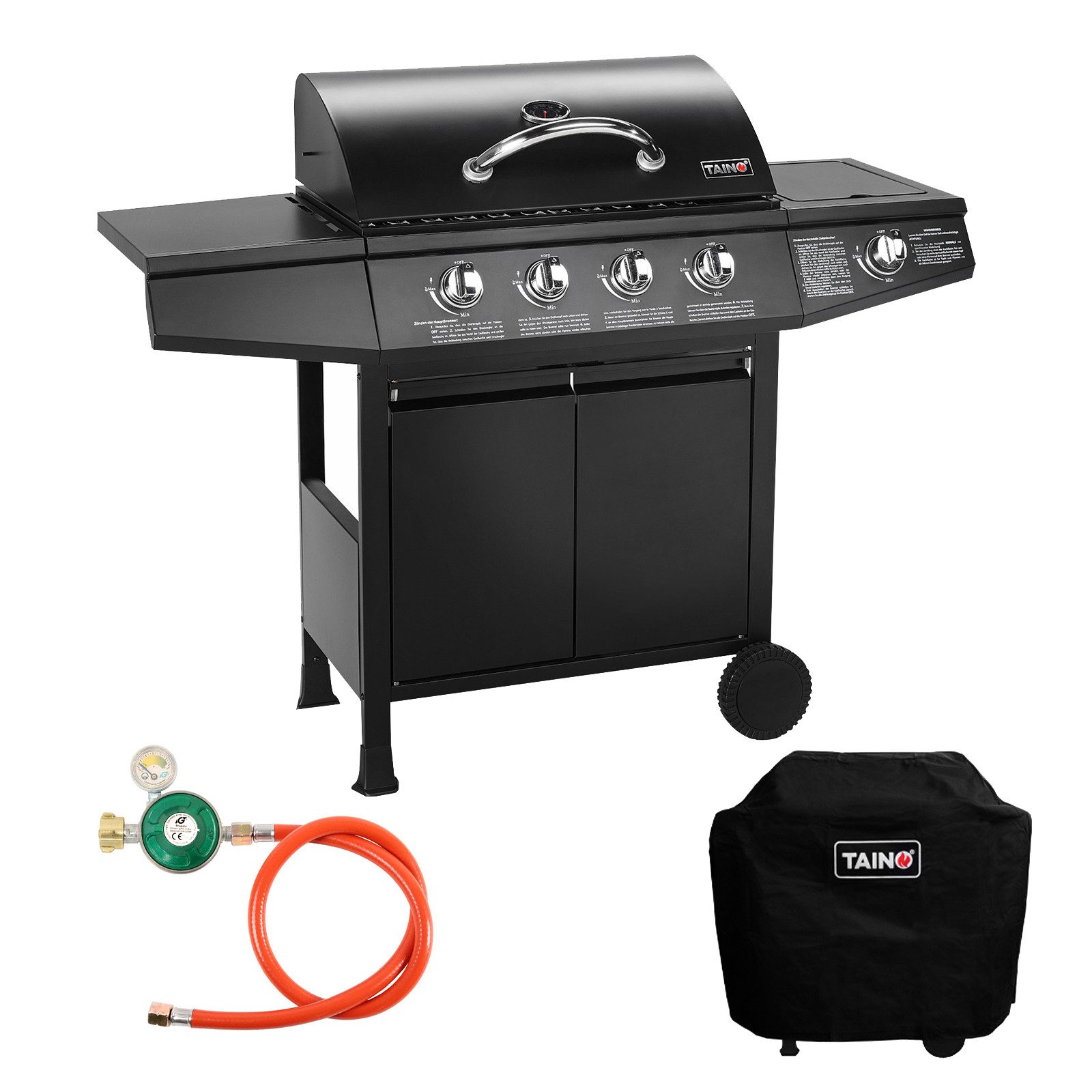TAINO Gasgrill BASIC 4+1, Gasgrill mit Gasdruckminderer, Gasschlauch und Abdeckhaube, Piezozündung, 4 Brenner aus Edelstahl, Seitenkocher
